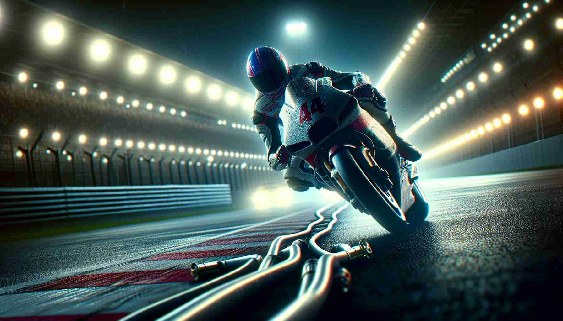 Generate an image depicting an intense moment in a motorbike endurance race. Focus on an anonymous rider, full of determination, verging on a victory lap on the demanding race track of Suzuka. The scene should be lit by powerful floodlights that lend a hyperreal sense to the setting, making it appear as a high-definition photograph.