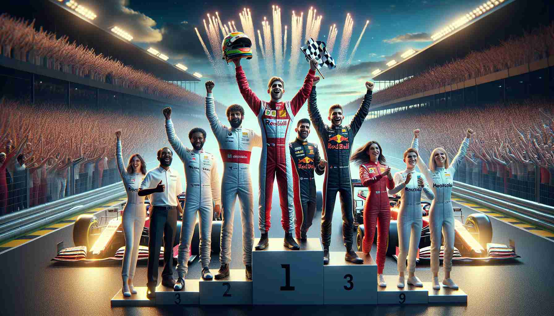 High-definition, realistic image of the top finishers at a fictional 2024 motor racing event similar to the Formula 1 Belgian Grand Prix. Show a diverse group of male and female drivers of various descents including Caucasian, Middle Eastern, and Hispanic, celebrating their victory on the podium with excitement. The backdrop should be a massive crowd, beneath a sky filled with fireworks. The race track and grandstands are dimly lit, while the podium and the winners are brightly illuminated.