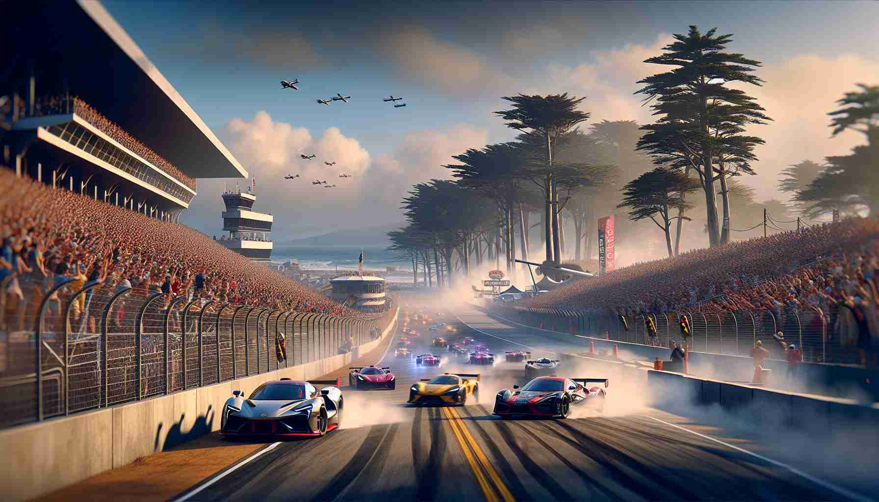 An intense scene depicting a motorsports event on the west coast. The image should feel dynamic and exciting, as if it's taking place over the weekend. Cars should be visible jostling for position on the tarmac, revving their engines and kicking up sparks or dust. Spectators should be included in the stands or on the sidelines, their enthusiasm palpable even from a distance. The background may include coastal features typically found on the west coast, like ocean, mountains or tall trees. The scene should have a high-definition, realistic aesthetic.