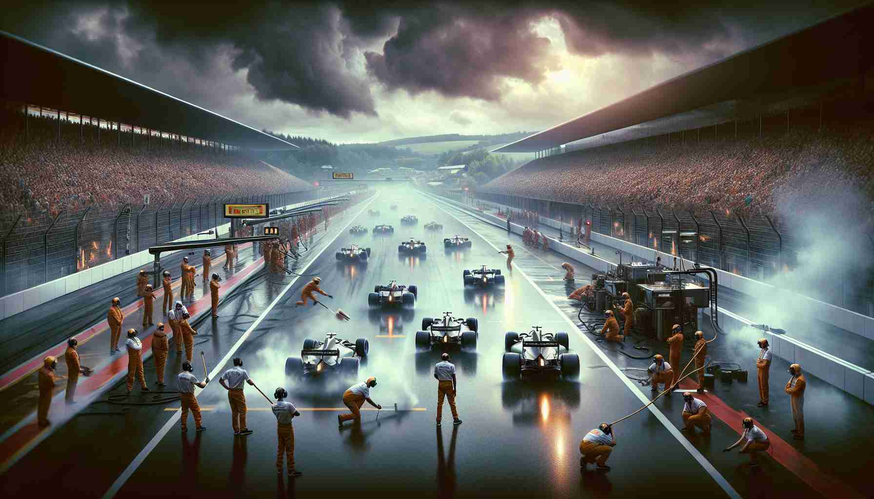 Create a hyper-realistic, HD visual representation of a dramatic scene unfolding at a major car race event, specifically inspired by the Belgian Grand Prix. In the image, racing cars are tearing down the circuit under a cloudy sky, with teams in the pit stop hurriedly attending to a car. The audience is a diverse mix of people: Caucasian men, Hispanic women, black children, and South Asian elders, all in awe of the high-speed spectacle. Misty rain adds nuance to the picture, reflecting on the asphalt enhancing the drama and intensity of the race.