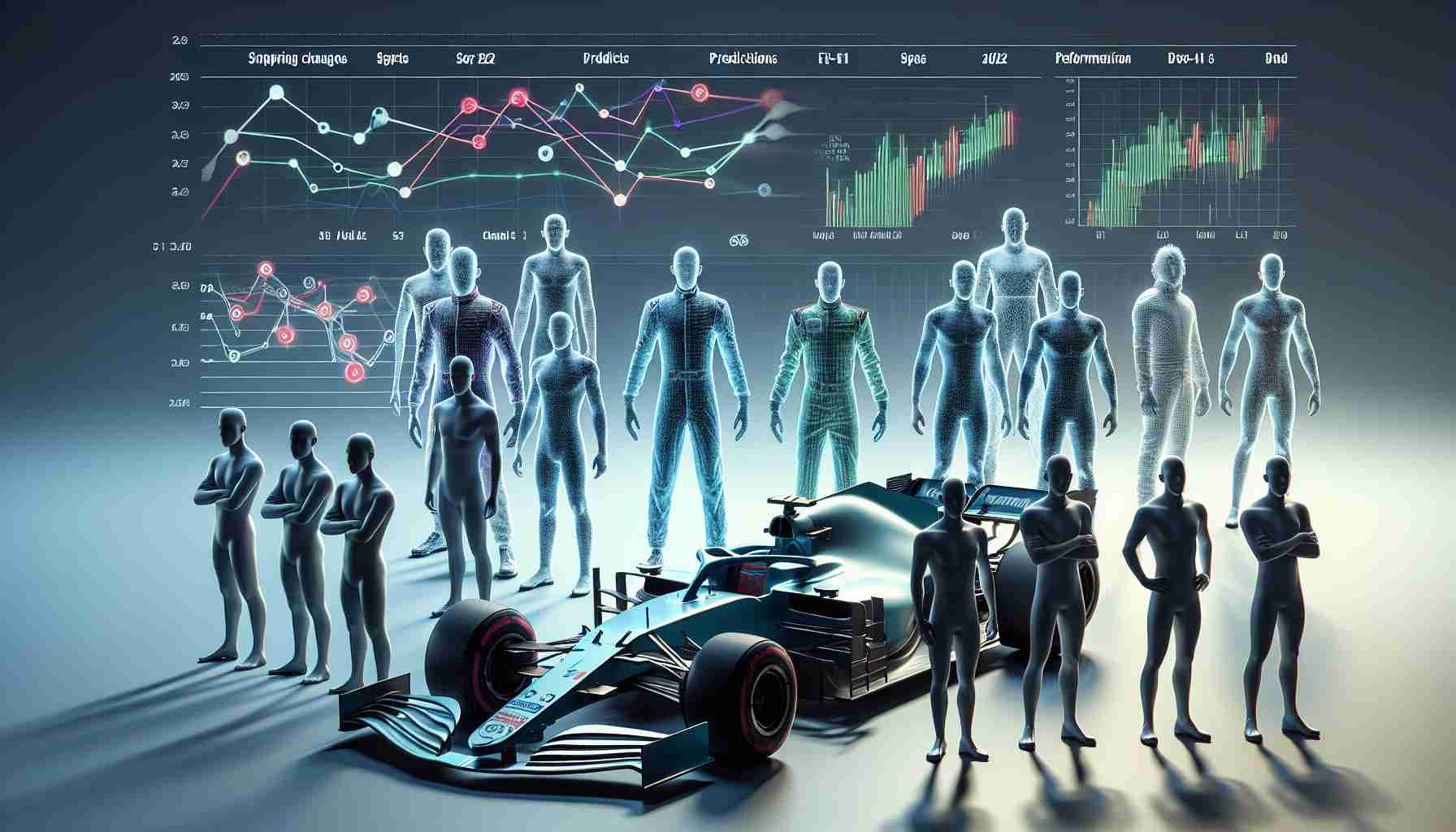 Generate a high-definition, realistic visualization of an abstract concept such as predictions for the 2025 Formula 1 Season. Include surprising changes in driving line-ups with a number of nameless, gender-neutral, diverse race drivers standing next to their anonymous racing cars. The drivers should have various physical characteristics but ensuring their identities remain undisclosed. The image should also include charts and diagrams to represent the predictions and performance analysis of the drivers and their teams.