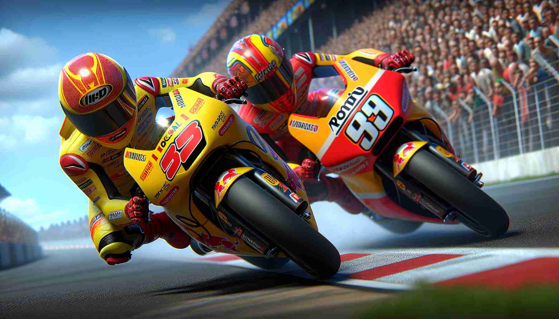 Realistic high-definition image depicting a thrilling scene from a Moto2 motorbike race. The emphasis is on a duo of young, talented riders who steal the show. One of them, dressed in vibrant yellow racing gear, showing an extreme level of concentration as he leans into a curve. The other, a female racer of Hispanic descent wearing red and white racing gear, expertly handles her motorcycle while closely following the first rider. The crowd in the background is in a state of awe and excitement, appreciating the skills of these youthful talents.