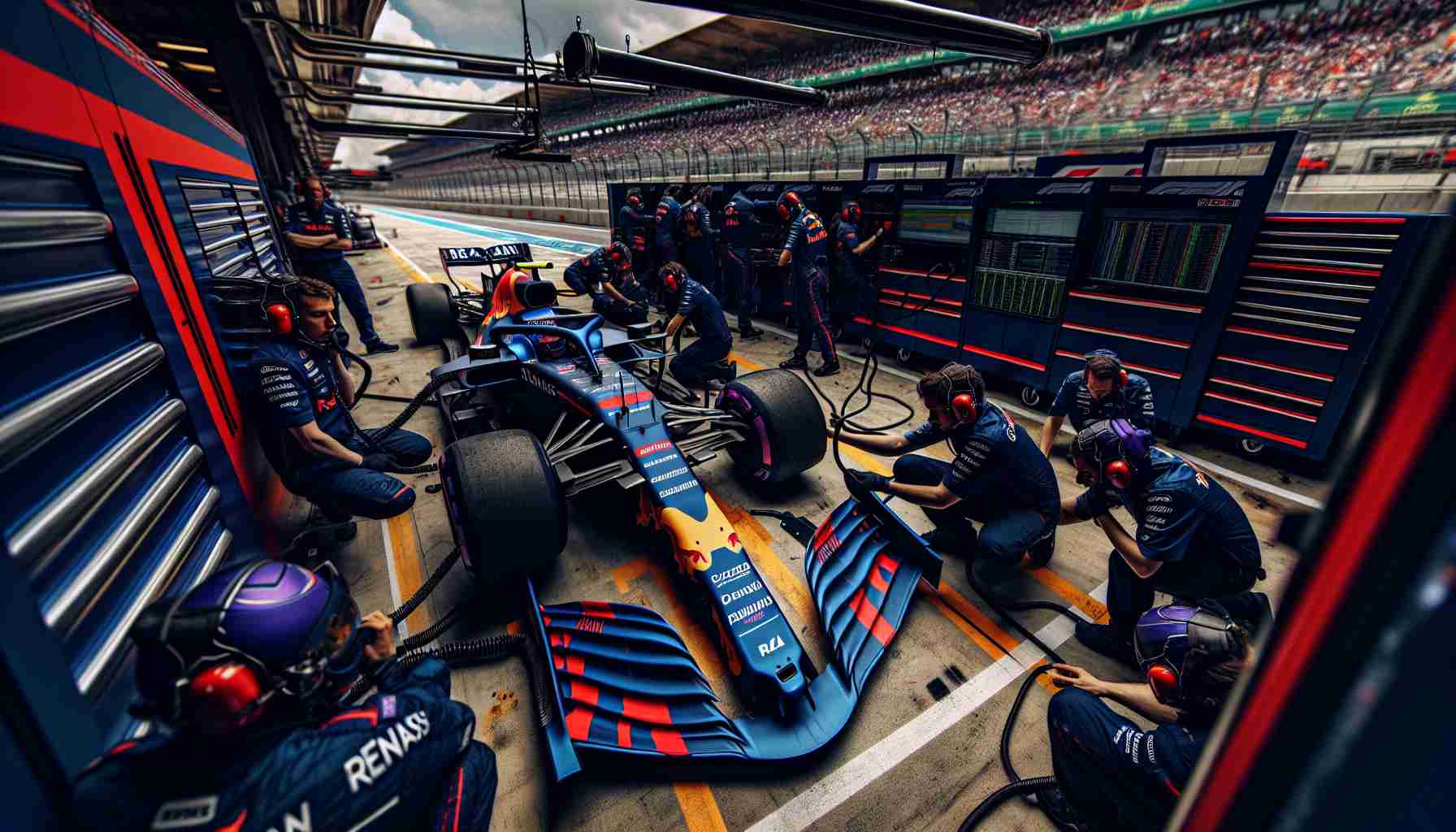 An ultra high-definition image exemplifying the determination of a renowned Formula 1 racing team, identified by their iconic livery of deep blues and energetic reds, in their quest to enhance the performances of one of their drivers, a dedicated professional hailing from Guadalajara, Mexico. The image should capture their mechanics working meticulously on a high-speed car, collaborating strategies with the driver against the backdrop of a bustling pit garage.