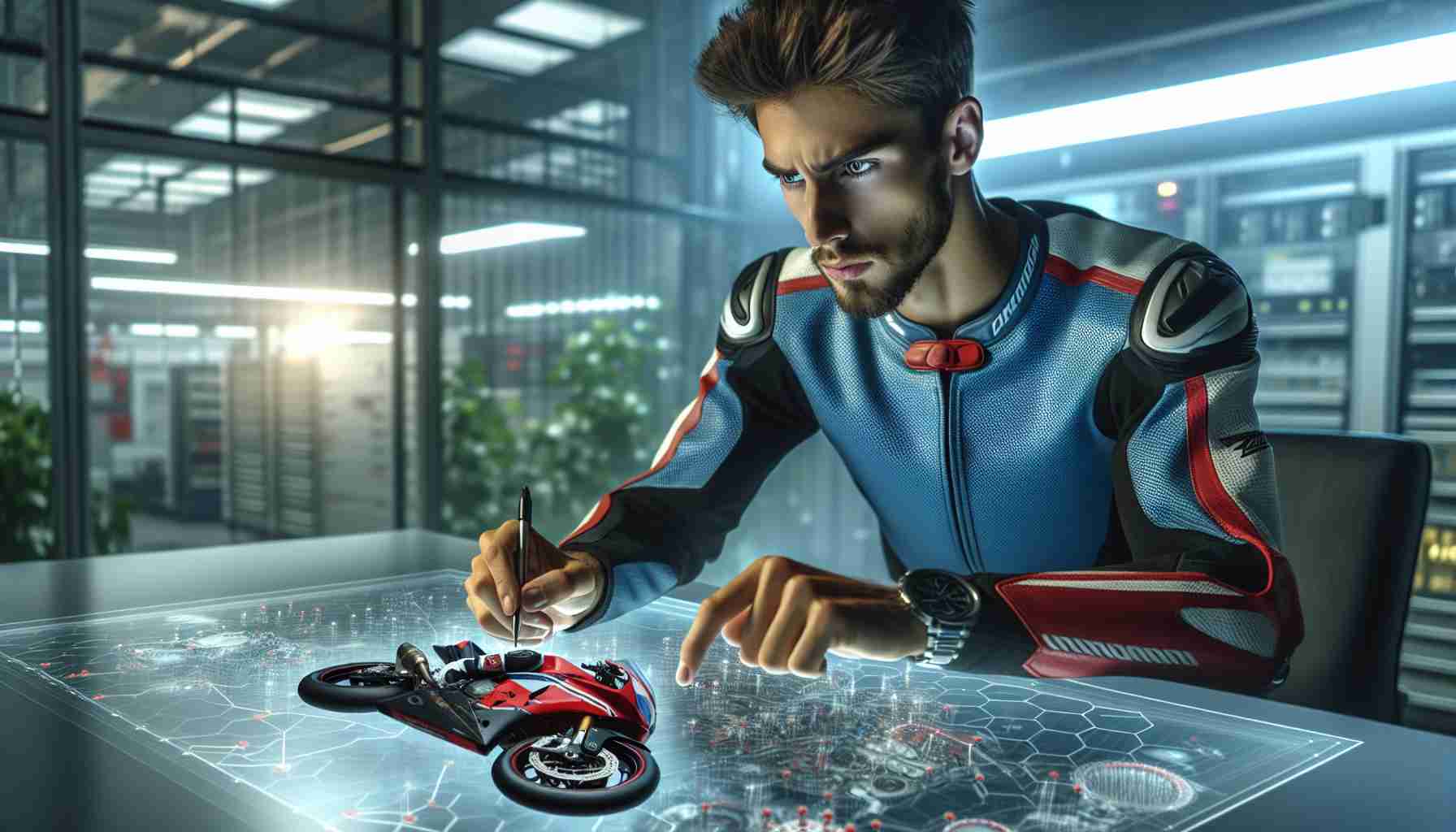 Realistic high-definition photo of a male professional motorcycle racer analyses potential opportunities with a prominent motorcycle manufacturing team's project