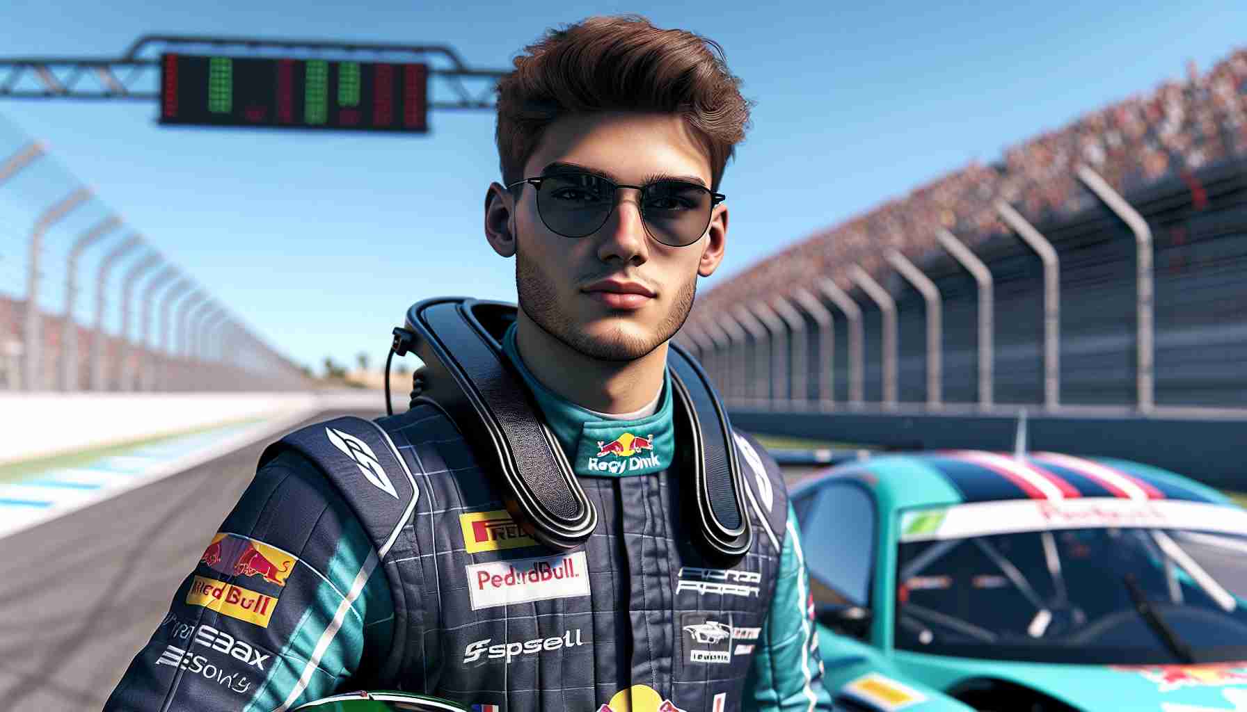 A realistic high-definition image of a young professional race car driver who is becoming a major contender for a seat with a prominent energy-drink-backed racing team. The driver is seen on the race track wearing his racing suit complete with a helmet, standing next to his car.