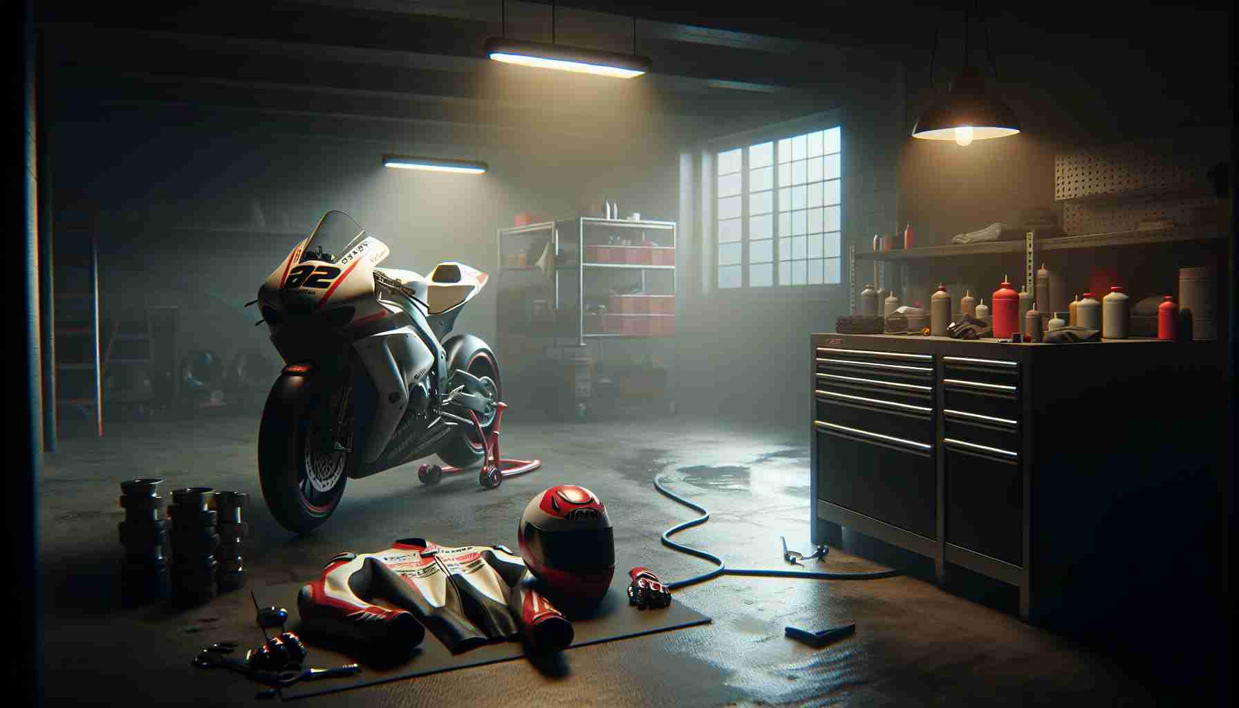 A high definition, realistic image depicting the uncertain future of a professional motorcycle racer. The scene includes visual elements such as a racing motorcycle parked in a dimly lit garage, with the racing suit and helmet laid out on a workbench nearby. The atmosphere is suspenseful, filled with speculation and anticipation as fans wait to see what the future holds for this racer's career.