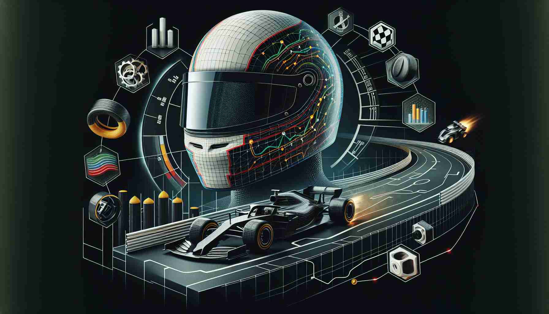 A high-definition image showcasing the analytical aspects of the racing philosophy of a professional vehicle racer, focusing on aspects such as their tactical approach to competition, strategic decisions regarding tire changes, pit stops, and more. The image also includes a stylized representation of a racing track, a racing car, and the helmet of the racer to personify the subject, but does not reveal the racer's identity.