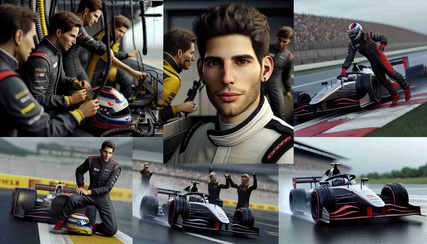 A realistic, high-definition photo showcasing the broad skillset of a globally renowned, male race car driver, often lauded for his versatility and speed. The driver, of Hispanic descent, is posed in his racing gear with his helmet under his arm. Different action scenes surround him showing various stages of a race: strategizing in the pit stop, fearlessly overtaking rivals on a wet track, fine-tuning his vehicle's setup, and celebrating on the podium.