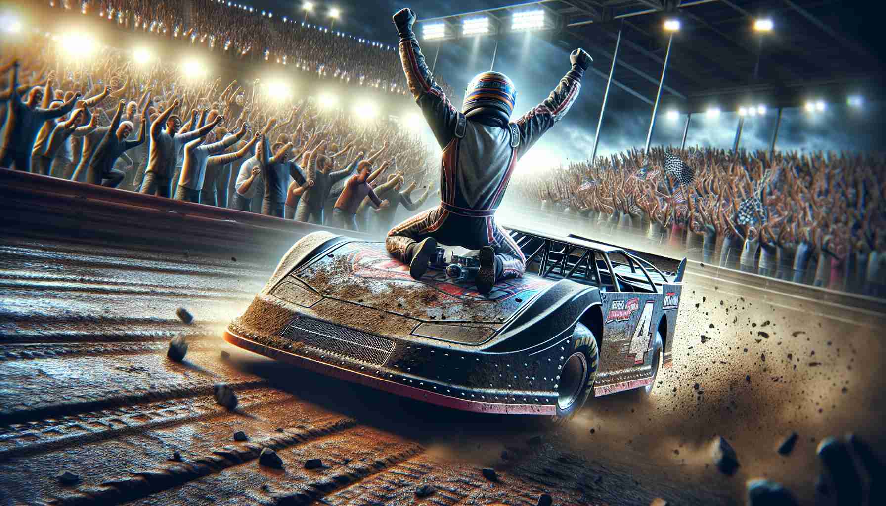 A high definition, realistic image of an anonymous professional race car driver, who excels in dirt racing. He is celebrating his back-to-back victories in the national championship, surrounded by a crowd of cheering spectators. His car, covered in dirt and dust, is a testament to the grueling race. The scene is flooded with the exhilaration of victory, the glow of stadium lights, and the flair of colorful racing suits.