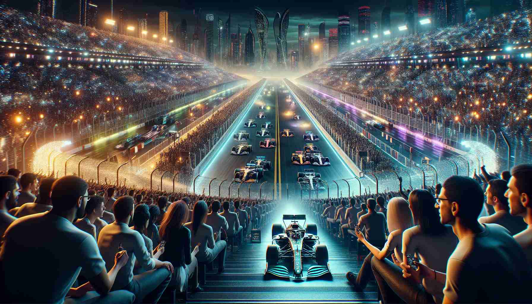 High definition, realistic image depicting the exhilarating atmosphere before the start of a massive event, the Grand Prix in 2025. The scene shows a diverse crowd of anticipating spectators, including Caucasian and Middle-Eastern women and Hispanic and South Asian men, their faces filled with thrill and eagerness. Detailed panorama of a futuristic racetrack infused with advanced technology and ultra-modern vehicles lines up, ready for the momentous showdown. Scene is lit with vibrant, enchanting lights, reflecting off the state-of-the-art automobiles and playing into the overall excitement.