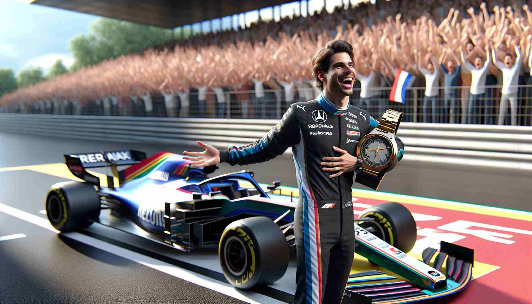 A realistic HD snapshot of an accomplished male Hispanic race car driver, appearing joyous as he unveils the insignia of his new F1 team for the 2025 season. He stands near a state-of-the-art Formula 1 car, bearing the colors and logo of the new team, evoking a sense of surprise and excitement. Please include details such as the driver's race suit matching the car, thrilled spectators in the background and a grand racing circuit setting.