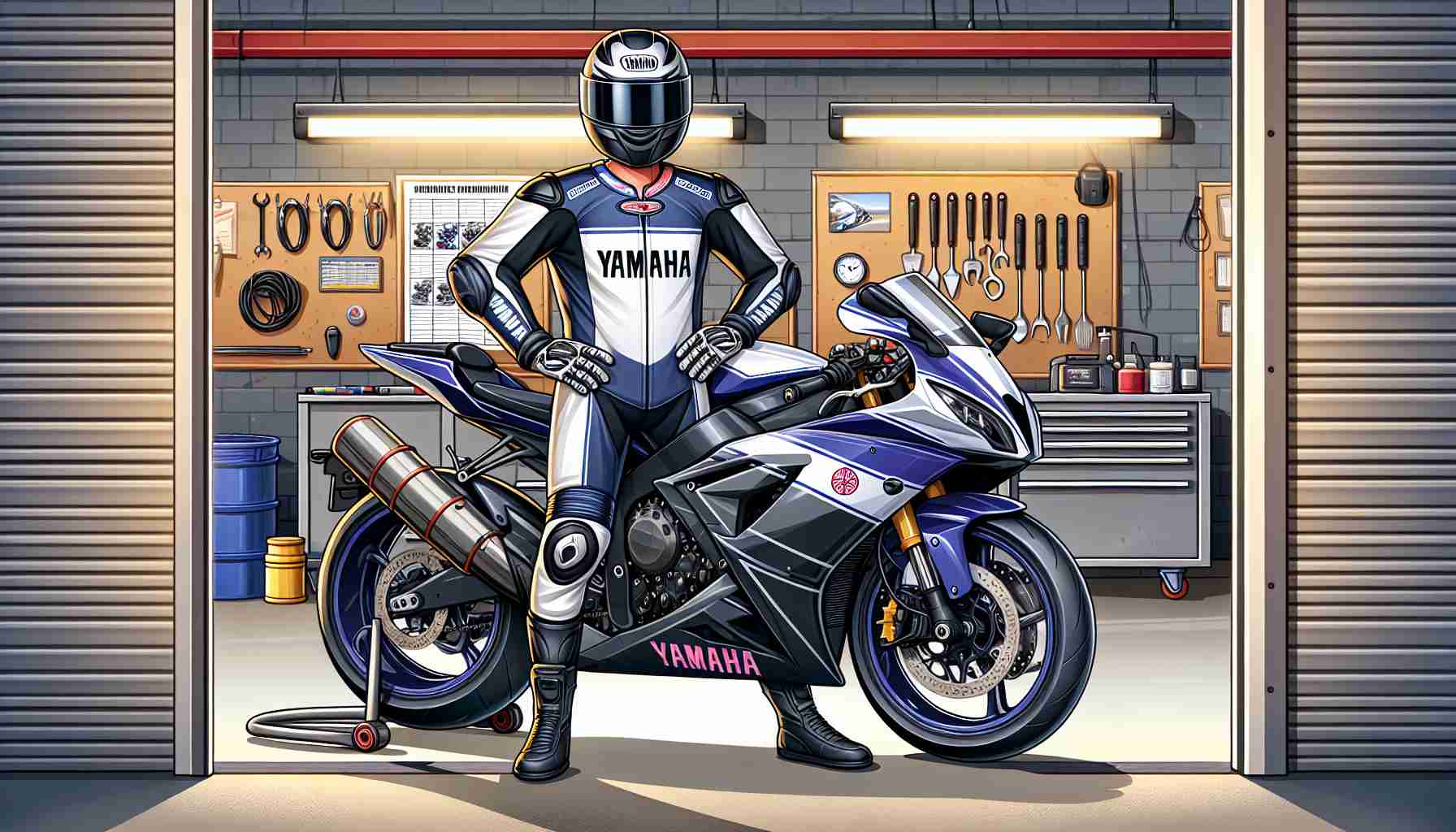 Illustration of a person wearing a protective helmet and full racing suit, assigned as the new test rider, standing next to a realistic, high-definition model of a Yamaha motorcycle. The test rider is Hispanic male, visibly excited and ready to take the motorcycle for a test ride on a race track. The motorcycle is gleaming with fresh paint, its emblematic tuning fork logo catching the sunlight. Background features garage scenery filled with various bike parts and tools, completing a picture of a professional racing environment.