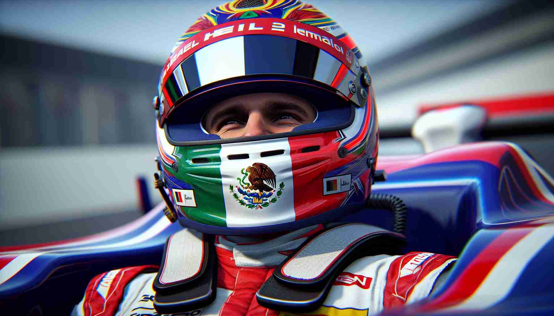 A realistic HD image of an experienced race car driver who has been retained by a major racing team, known for its signature red and blue livery, for the remainder of the season. The driver's helmet prominently features the colors of the Mexican flag, reflecting his nationality. He is captured in a moment of celebration, displaying his joy and satisfaction.