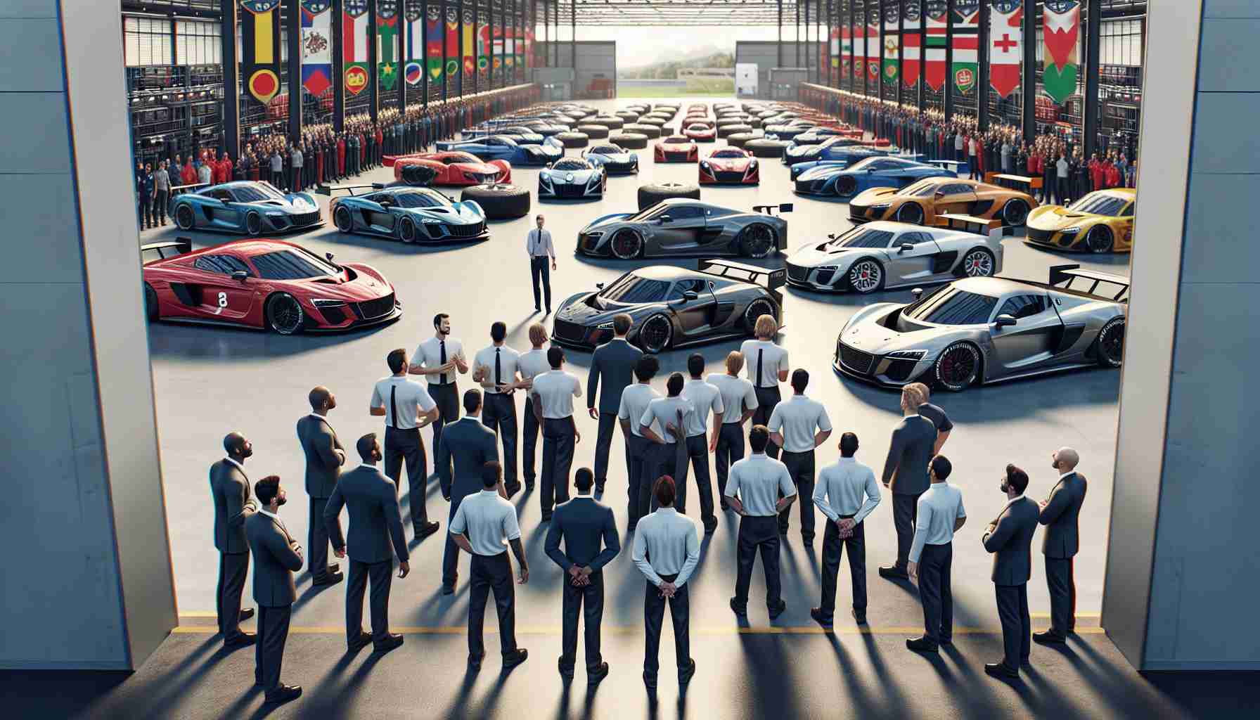 Create a realistic HD image depicting a significant event: a major racing team is closing down, which will result in hundreds of employees losing their jobs. The scene includes many luxurious racing cars parked in an expansive garage. A mixed crowd of workers in team uniforms, from various descents such as Caucasian, Black, Hispanic, South Asian, and Middle-Eastern, both male and female, are gathered around, some looking disappointed and others in deep discussion, possibly about their uncertain future.