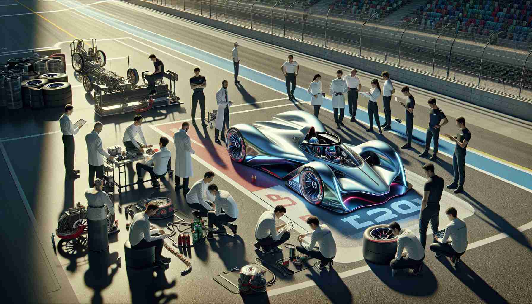 High definition realistic image of a future professional car racing team, preparing for an oval race labeled as '2025 Race of Perfection'. The scene should depict a state of the art racing car with a vibrant and glossy finish, positioned on an iconic oval racetrack. Surrounding the car, a diverse group of dedicated team members are concentrated on executing their various tasks. Among them are a Middle Eastern female engineer overlooking the vehicle specifications, a Caucasian male driver ready to take the wheel, a Hispanic maintenance crew working on the tires, and a South Asian strategist studying track conditions. The atmosphere is intense, anticipatory, expressing the team's pursuit of perfection.