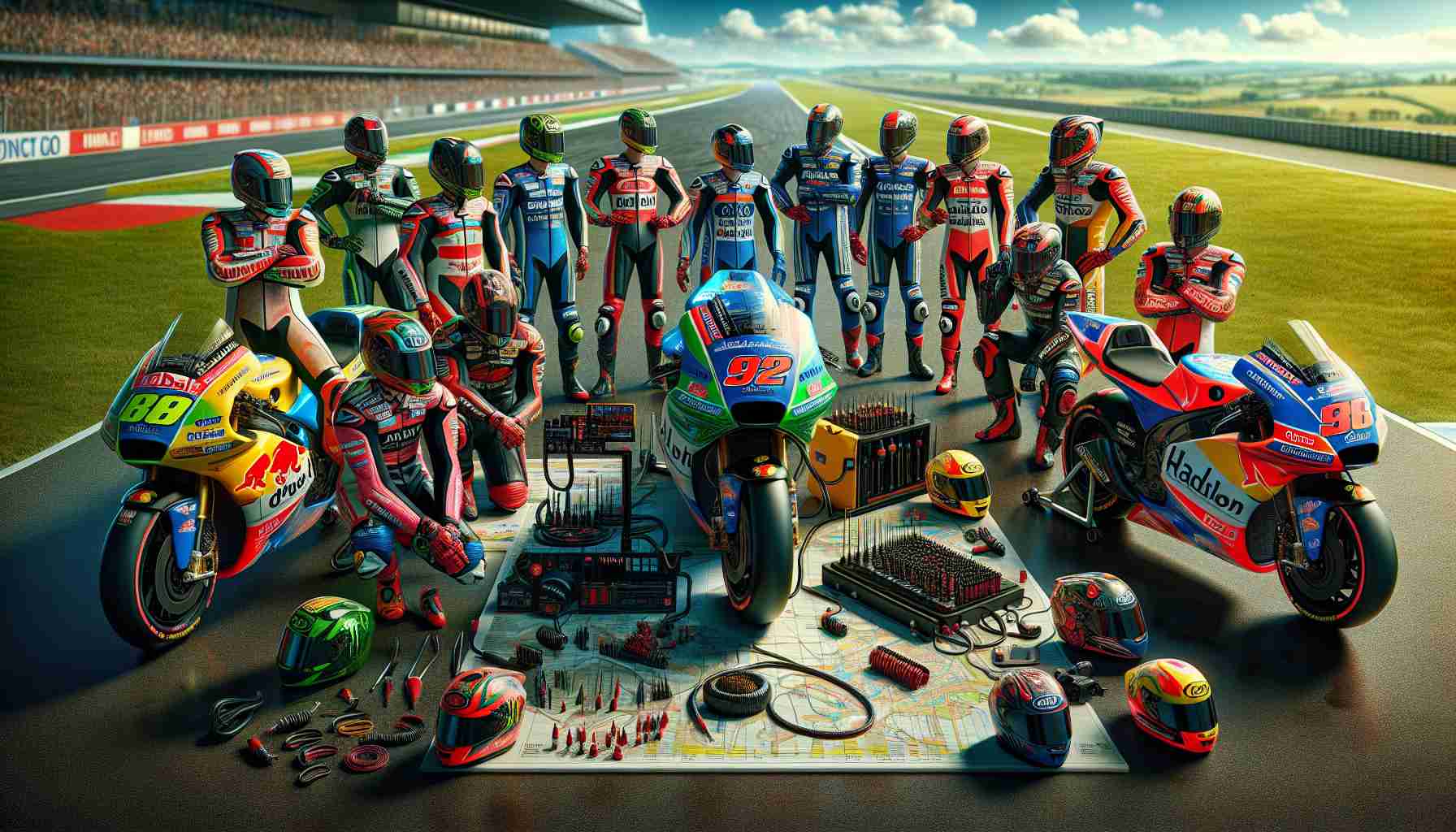 High definition, lifelike image representing a speculative view of MotoGP team dynamics in the year 2025. Picture professional motorcycle racers of various genders and descents, each fully kitted out in their racing leathers, helmets, and gloves. Visualize complex actions such as riders negotiating contracts, strategizing with their teams, analyzing performance data, discussing upgrades and modifications to their bikes. Surround them with vibrant details like motorcycles in the nearby, team logos and liveries, tools and technical equipment for bike maintenance, lap time charts, racing tracks in the background.