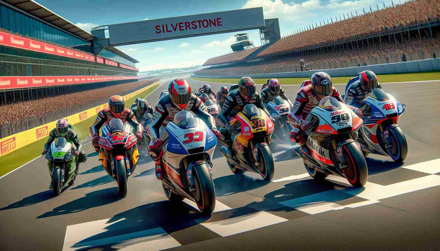 Generate a realistic high-definition image showcasing the thrill and excitement at a MotoGP event at Silverstone. Feature multiple motorcycle participants, showcasing the varying ethnicities and genders of riders. The riders should be in full racing gear, helmets on, on their bikes eager to start the race. The venue should be populated with a large crowd cheering in anticipation, a clear blue sky overhead with the grand Silverstone circuit visible in the background.