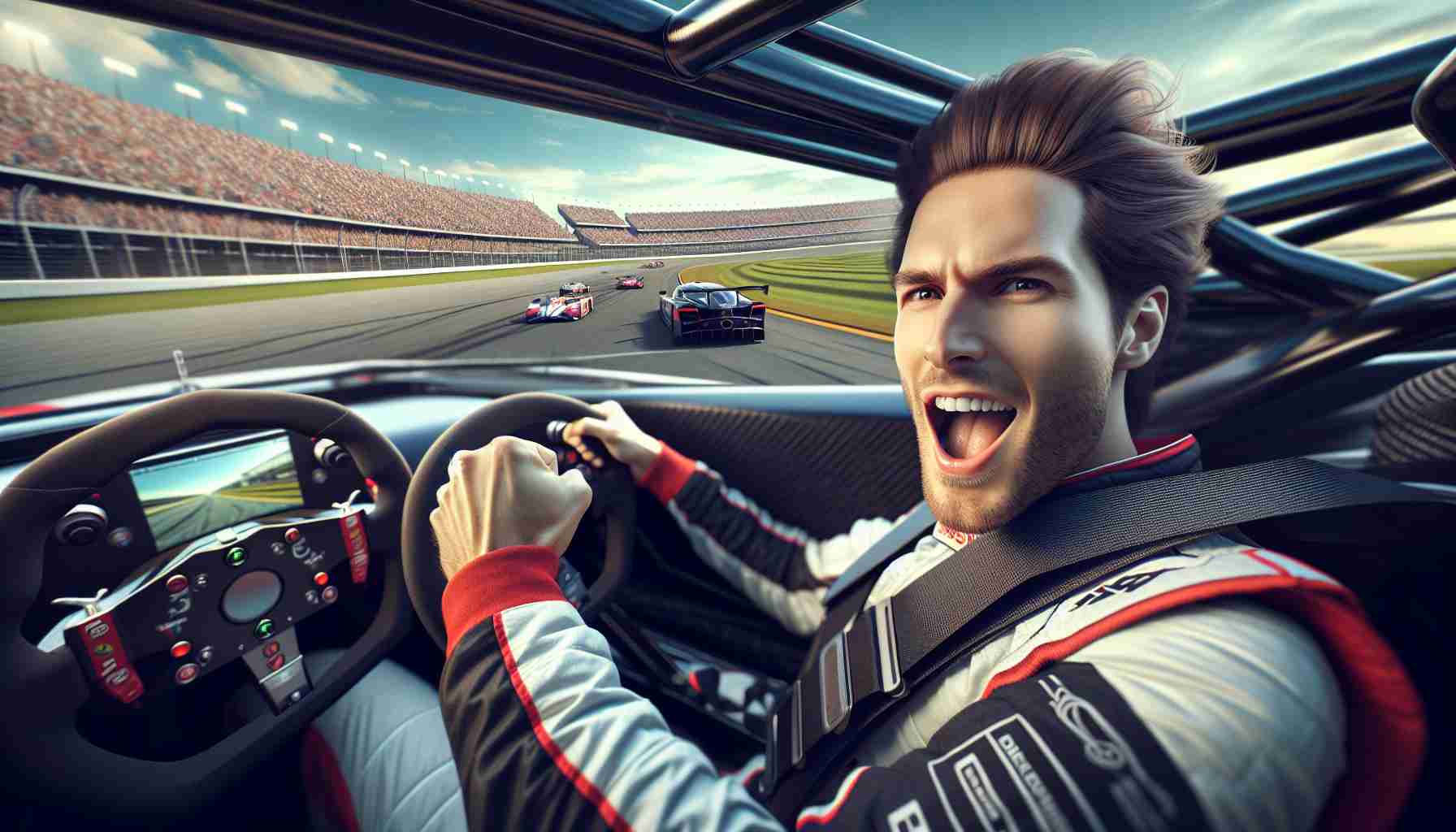 Generate a realistic high-definition image of a Caucasian male race car driver, celebrating victory at Daytona. Showcase the driver inside his race car, sharply focused and exuding excitement and triumph. The track should be filled with other cars, but in the distance and blurred out, highlighting the winner's position. Include details like the checkered flag, the crowd cheering in the stands, and the beautiful Daytona landscape in the background.