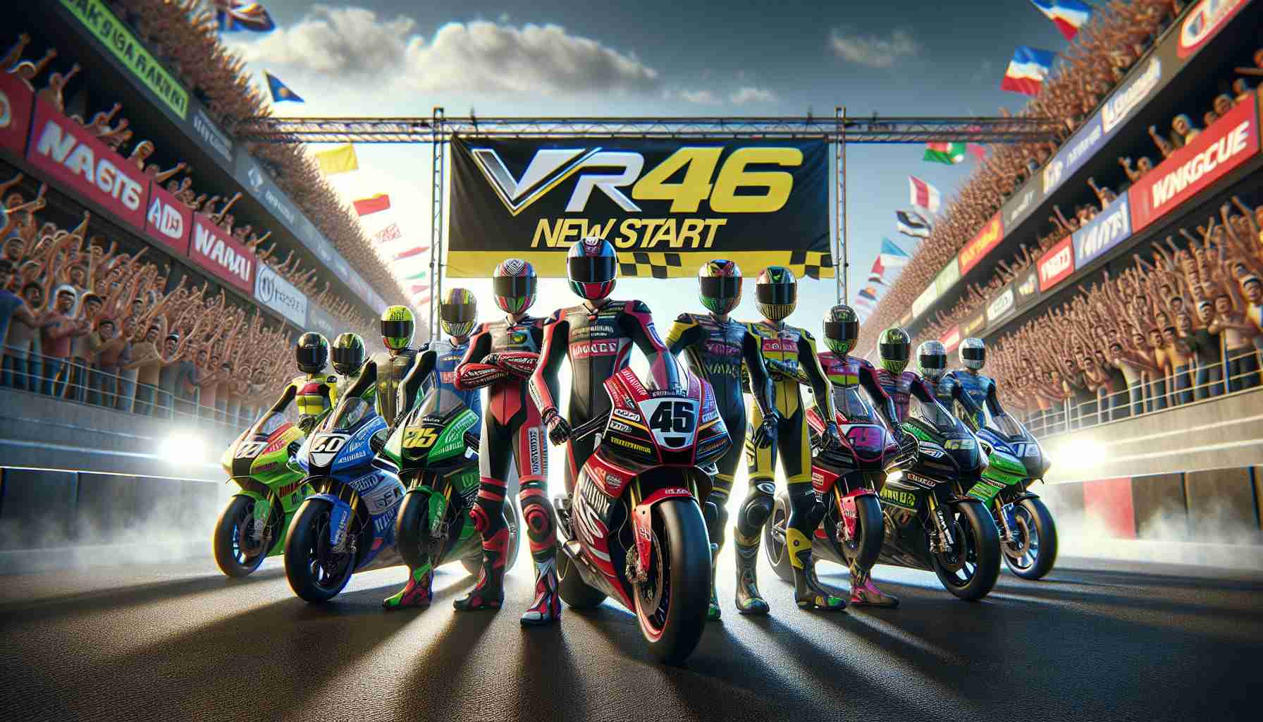 A realistic high-definition image of a new start for a motorbike racing team, represented by the symbol 'VR46'. The image features an exciting lineup of various riders, showing different ethnicities and genders. They are geared up with colorful motorbike racing suits, standing next to sleek, shiny, and advanced racing motorbikes. A banner bearing the symbol 'VR46' hangs behind them, signifying the dawn of a new era for the team. A crowd of excited spectators can be seen in the background, eagerly anticipating the upcoming race.