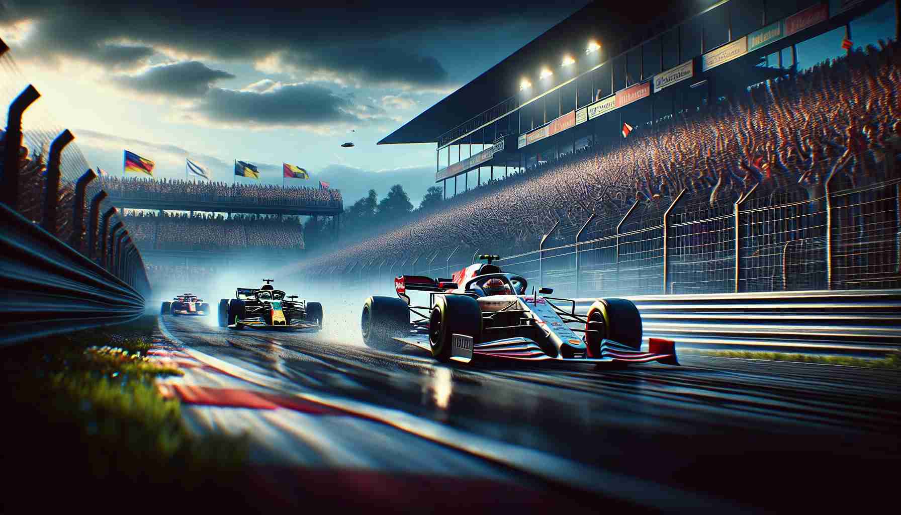 High definition, realistic image of a thrilling motor racing event. The scene captures the decisive moment when a brave move by a car driver propels him to victory. The location is at a prominently famous race track situated in Richmond. The background is filled with an excited crowd cheering. The main car, center of attraction, sports vibrant colors and is darting ahead of the others, symbolizing its path to victory.