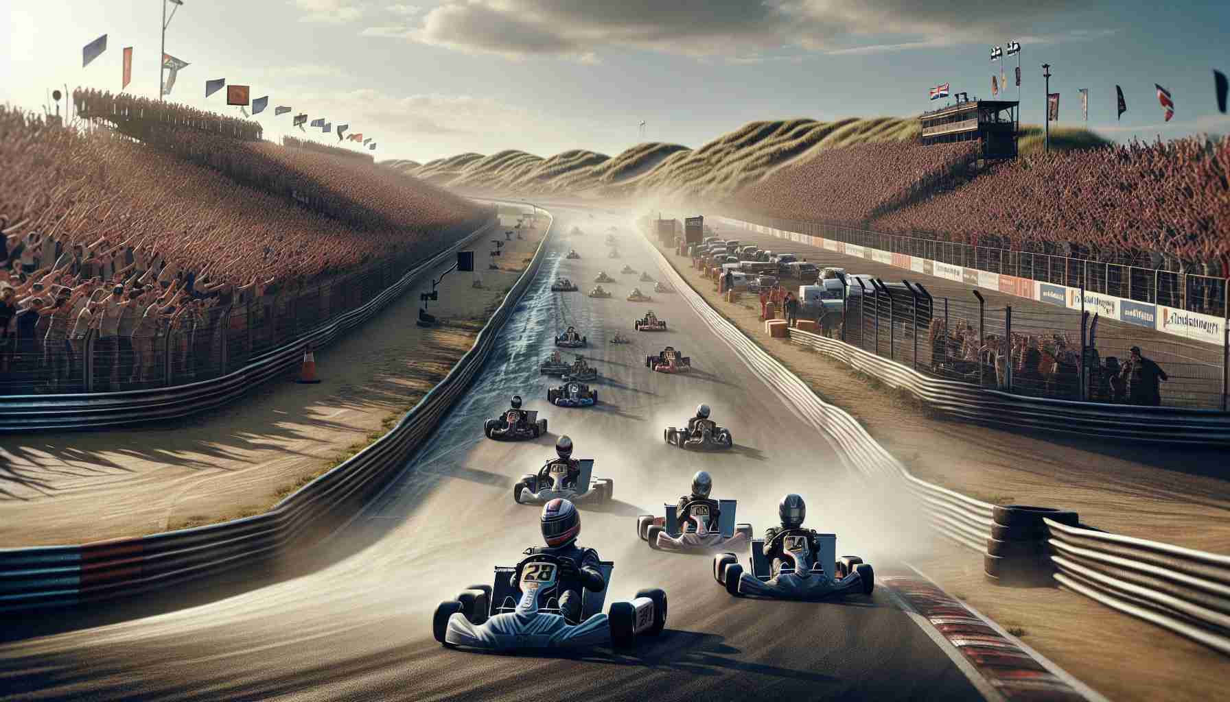 A high-definition, realistic image depicting an intense competition unfolding at Zandvoort. The atmosphere is charged with drama, with crowds on the edge of their seats, cheering passionately. The weather is temperate, typical of a Dutch summer, with a clear sky and a mild breeze blowing across the racing track. Racers, gearing up in their advanced racing costumes, are in their go-karts or racing cars, speeding across the circuit, determined to win. The track configuration is intricate, filled with challenging turns and straights, and has dune-like surroundings, reflecting the true essence of Zandvoort.