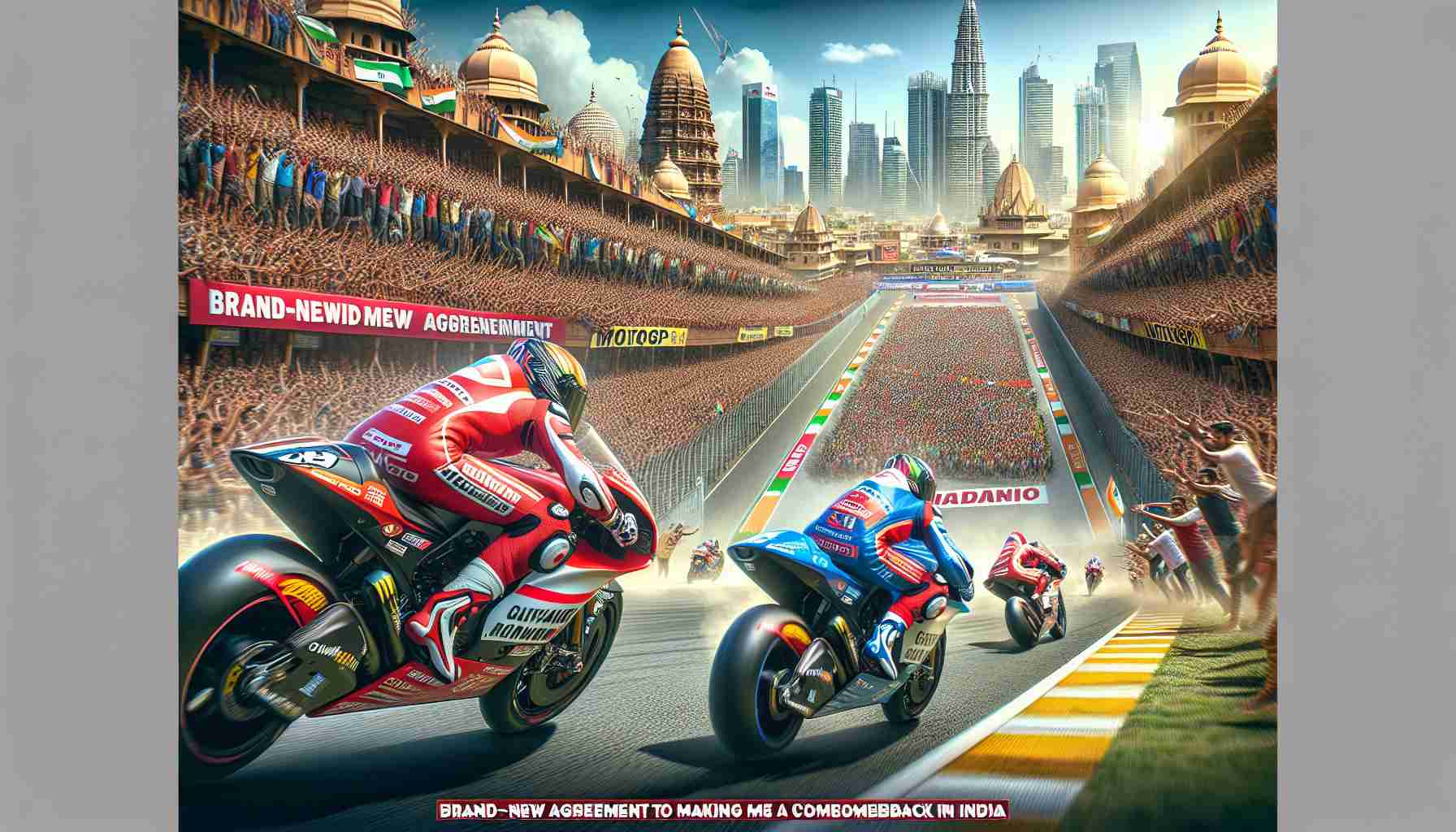 Create a realistic high-definition image showcasing a MotoGP event making a comeback in India. The picture should capture the motorbike racers at high speeds on the track with a vibrant and packed crowd cheering them on. Include the setting of a typical Indian city as the backdrop, with a focus on cityscape and Indian architecture. In addition, visualize a large poster announcing the 'Brand-New Agreement' for the race's return.