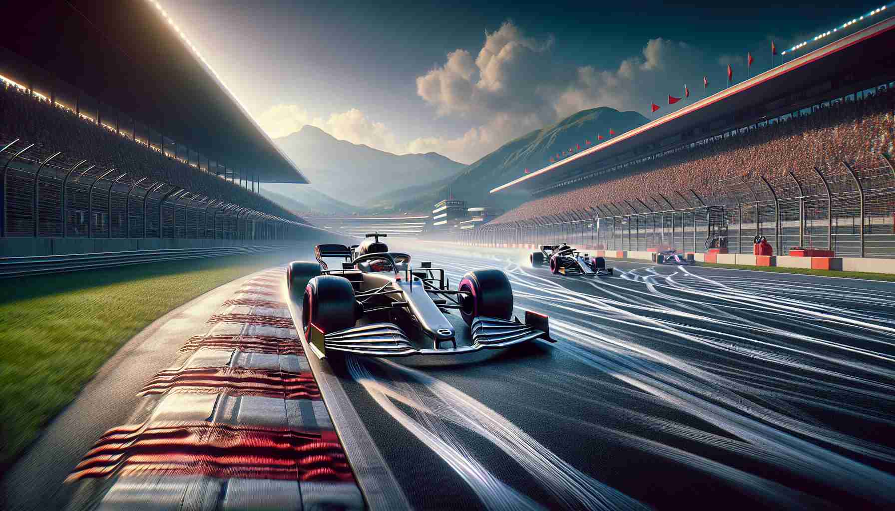 High-resolution, realistic image showcasing an exhilarating moment in a Formula 1 race. The pristine, gleaming race cars are racing on a state-of-the-art track filled with complex turns. Adrenaline is in the air as the spectators in the grandstands are on the edge of their seats. The scenery is brought to life by vivid colors and clear details: the race car tires leaving streaks on the track, the flurry of activity in the pit stop, and the blur of speed as the world-class drivers navigate the track.