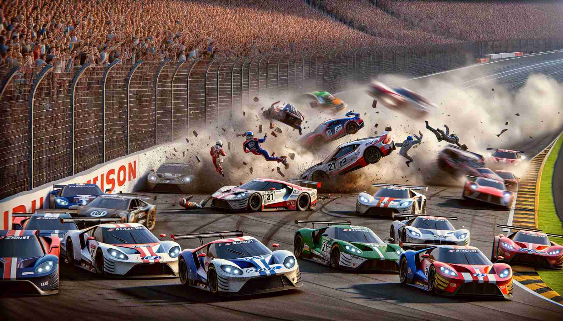 Detailed depiction of a turbulence-causing incident in a high-profile car racing event. Picture several racing cars on a track, one car attempting a risky maneuver that results in physical contact, causing an uproar in the event. The scene is steeped in a tense atmosphere, with the surrounding audience and pit crews in visible shock and alarm. The detailed textures of the vehicles, their gleaming colors, and the track, coupled with the high-definition resolution of the image, should all contribute to a sense of realism.