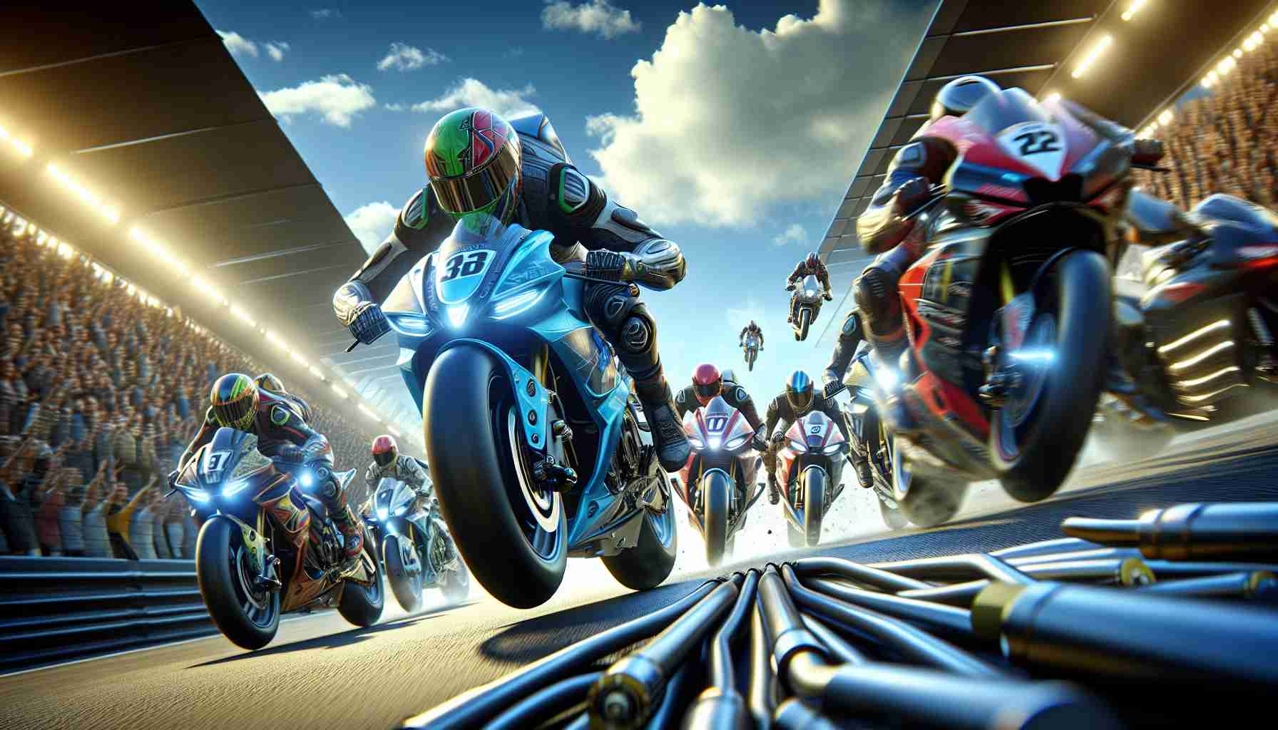 Generate a realistic, high-definition image showing a thrilling view from the 2025 superbike racing world. Display roaring superbikes racing on a modern track, adorned with high-tech features indicating advancements in racing technology. Picturize the racers in full gear, helmeted and astride their mechanical beasts competing fiercely. Make sure to represent racers of diverse descents including but not limited to South-Asian, Caucasian and Hispanic men and women. Set the scene under a bright, blue sky with spectators eagerly cheering on in the background.