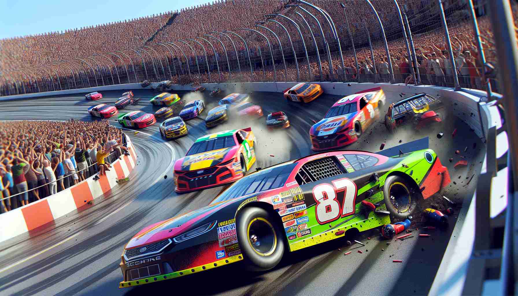 Render a high definition, realistic image of an unexpected racing incident occurring during a high-speed, professional stock car race. The vehicles painted in vibrant colors are designed specifically for speed and durability, on an oval-shaped track, filled with a crowd of spectators on the sidelines. Stress the high level of unpredictability and the immediate reactions of the racers and spectators. Do not include any specific logos or branding. Please focus on the sense of speed, collision, and surprise that such an incident would bring.