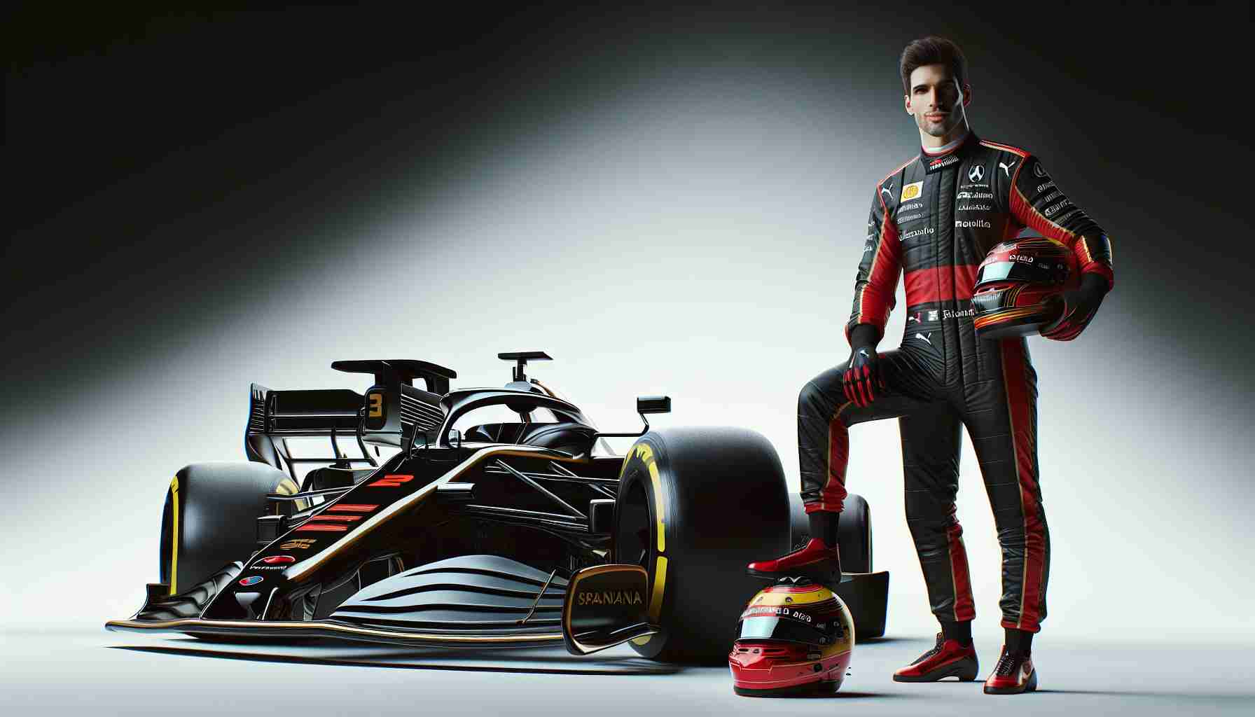 Realistic high-definition image of a professional male Spanish race car driver, resembling a popular Formula One athlete, in a racing suit, helmet under his arm, standing next to a sleek, modern Formula One car. His pose suggests he's ready to extend his illustrious career beyond 2026, filled with anticipation and determination.