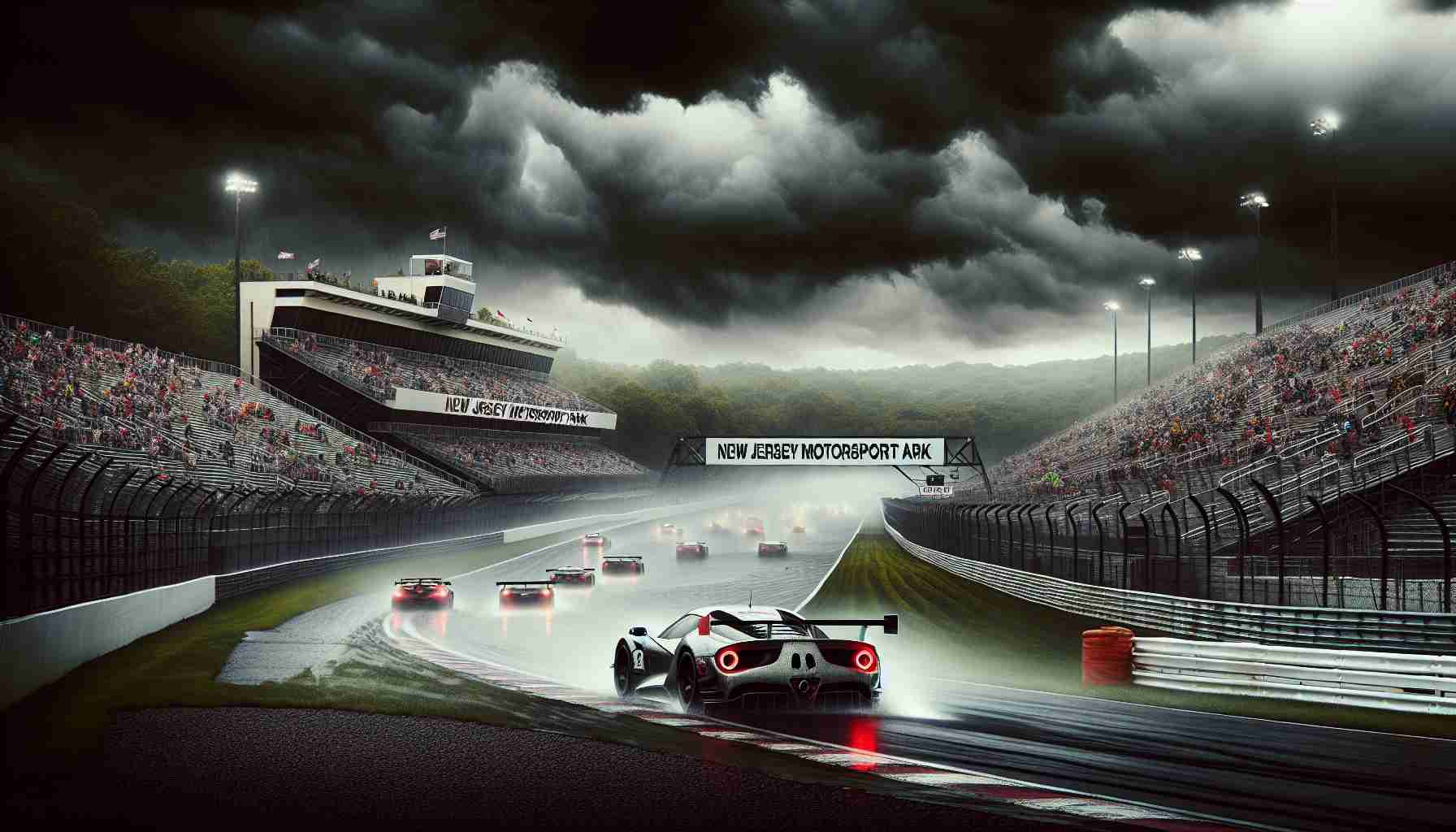 Generate a realistic, high-definition image showcasing an event of breaking records under uncertain weather conditions at a New Jersey motorsport park. The scenery should depict a racetrack with surrounding stands filled with spectators. The atmosphere is tense with dark ominous clouds looming overhead as sports cars zoom across the wet track, spray from their tires filling the air. Emphasize the strong sense of competition and the contrasting mood between the thrill of the race and the impending storm.