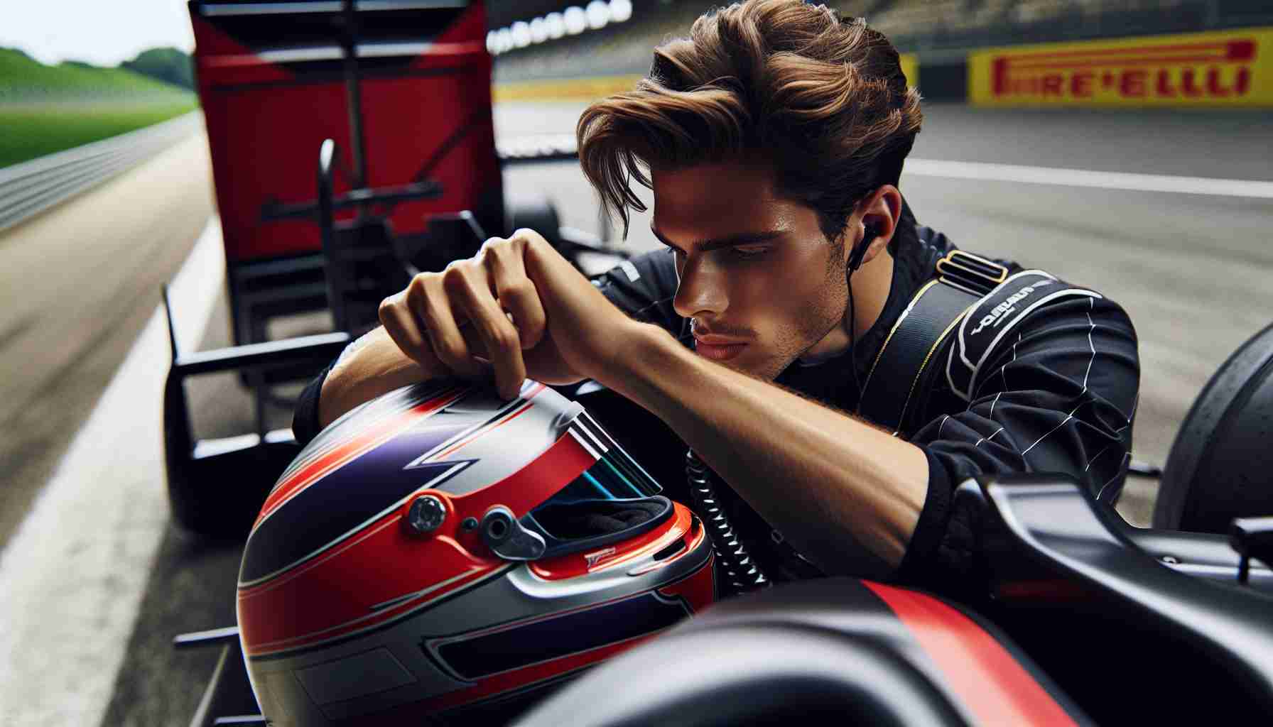 High-Definition realistic photograph of a young Caucasian male professional Formula 1 racer meticulously analyzing the race track, his helmet tucked under one arm while he gears up to determine an optimal track strategy that will pave his unique path to victory.