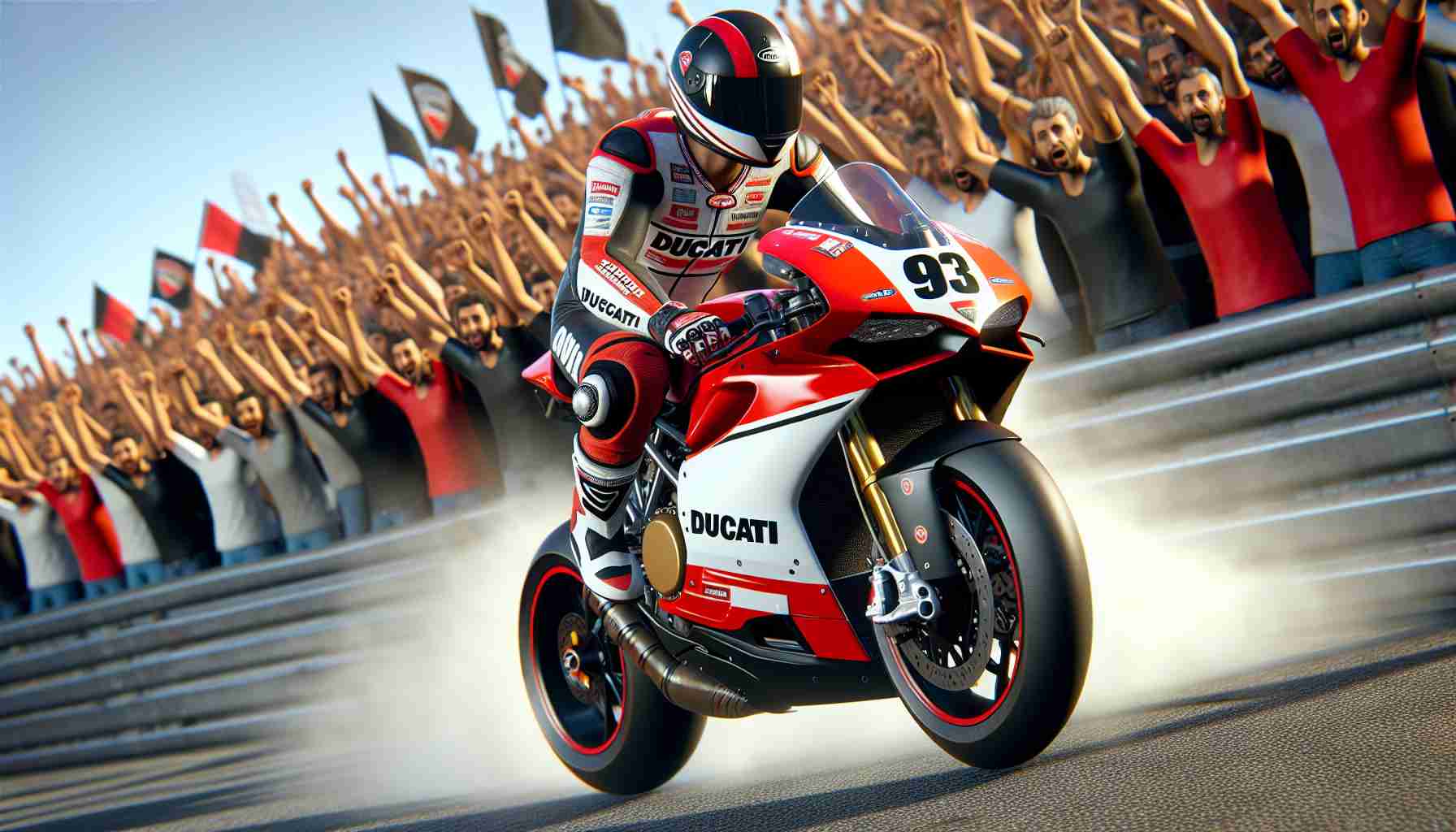 A realistic high definition image of a triumphant motorcycle rider returning after a big win. The rider is on a red and black sporty motorcycle, which is identifiable as a Ducati by its typical design features and the logo. The cheering crowd in the background could be blurred to focus on the rider's expressions of joy and the details of the Ducati. Please depict the rider as a man of Hispanic descent, wearing a white helmet, black and white racing suit with the number 93 on it