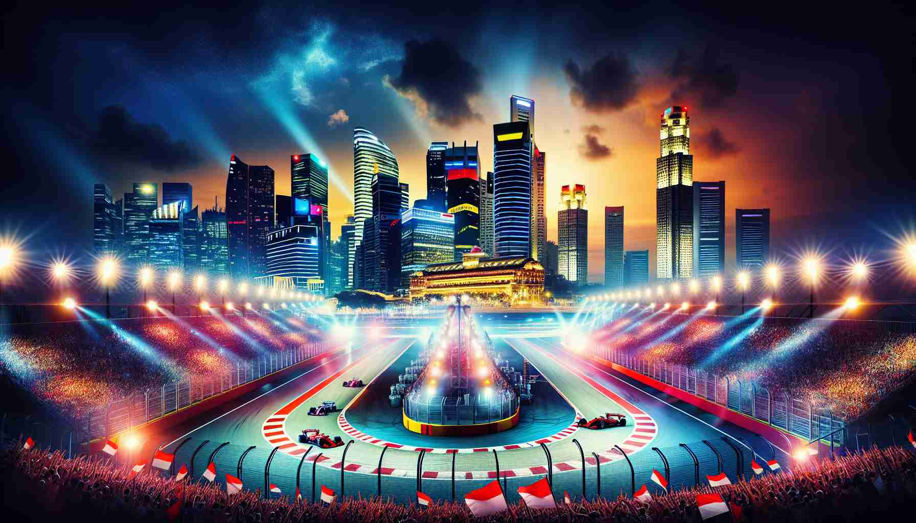 A vibrant, high-definition scene capturing the anticipation and energy before the upcoming Grand Prix event in Singapore. The setting includes spotlights illuminating the night sky, the glowing cityscape as the backdrop, fans waving flags in supporting their favorite racing drivers, and the race track set against Marina Bay, ready for the high-speed competition.