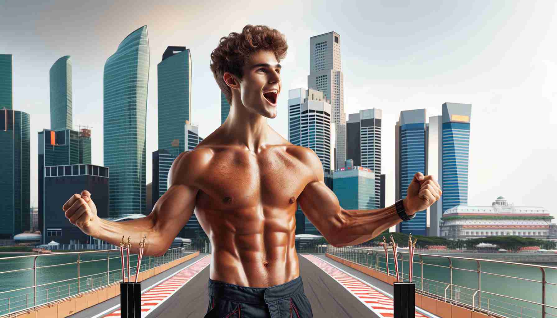 An image of a young athletic male car racing driver, characterized by distinct features: light skin tone, short curly brown hair, standing victoriously on the podium. He's passionately aiming for the global championship title after an important victory in a tropical city-state known for its modern skyline filled with futuristic buildings.