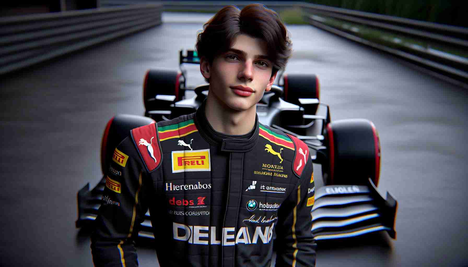 A realistic HD image of a rising star in Formula 1 who has boyish features, dark hair, Italian descent, and a sporty physique, wearing a racing suit and helmet while standing next to a Formula 1 car.