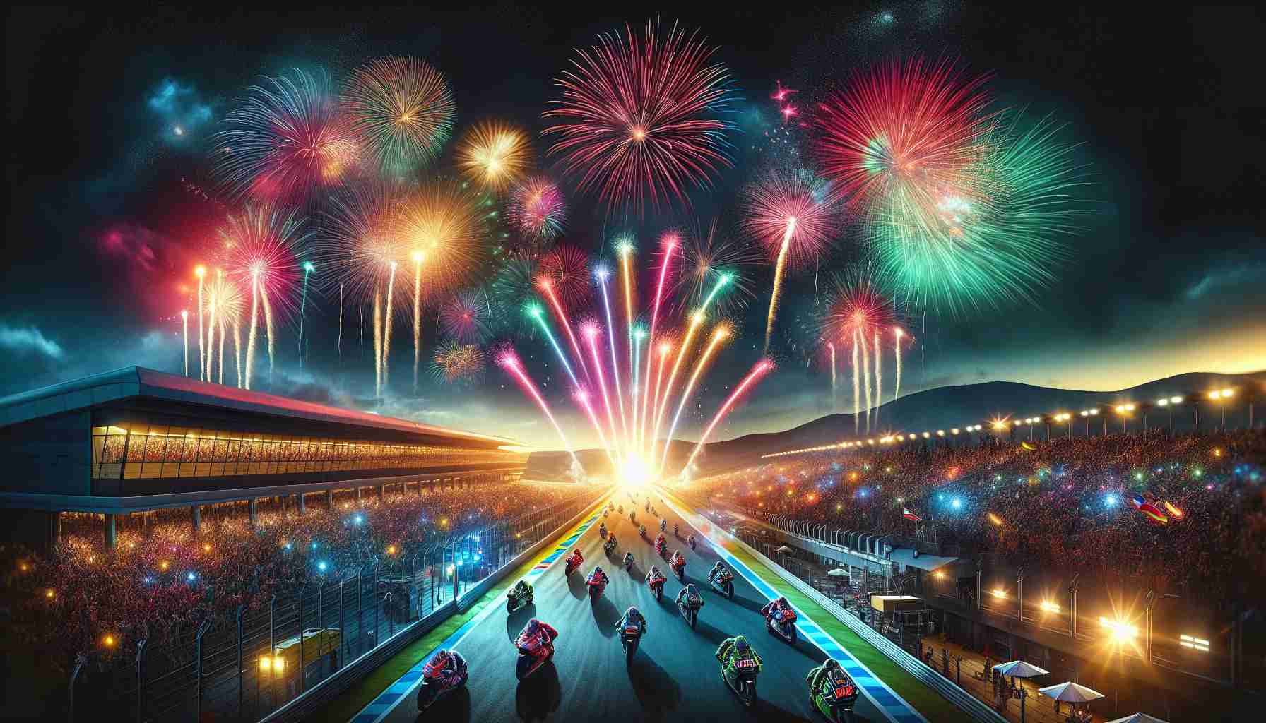 Create a realistic high-definition photo of vibrant, multi-coloured fireworks illuminating the night sky after a MotoGP race event in the region of Aragon. The scene communicates the high emotions and intense excitement of the event, reflecting the rising tensions and fast-paced action of the motorcycle race.