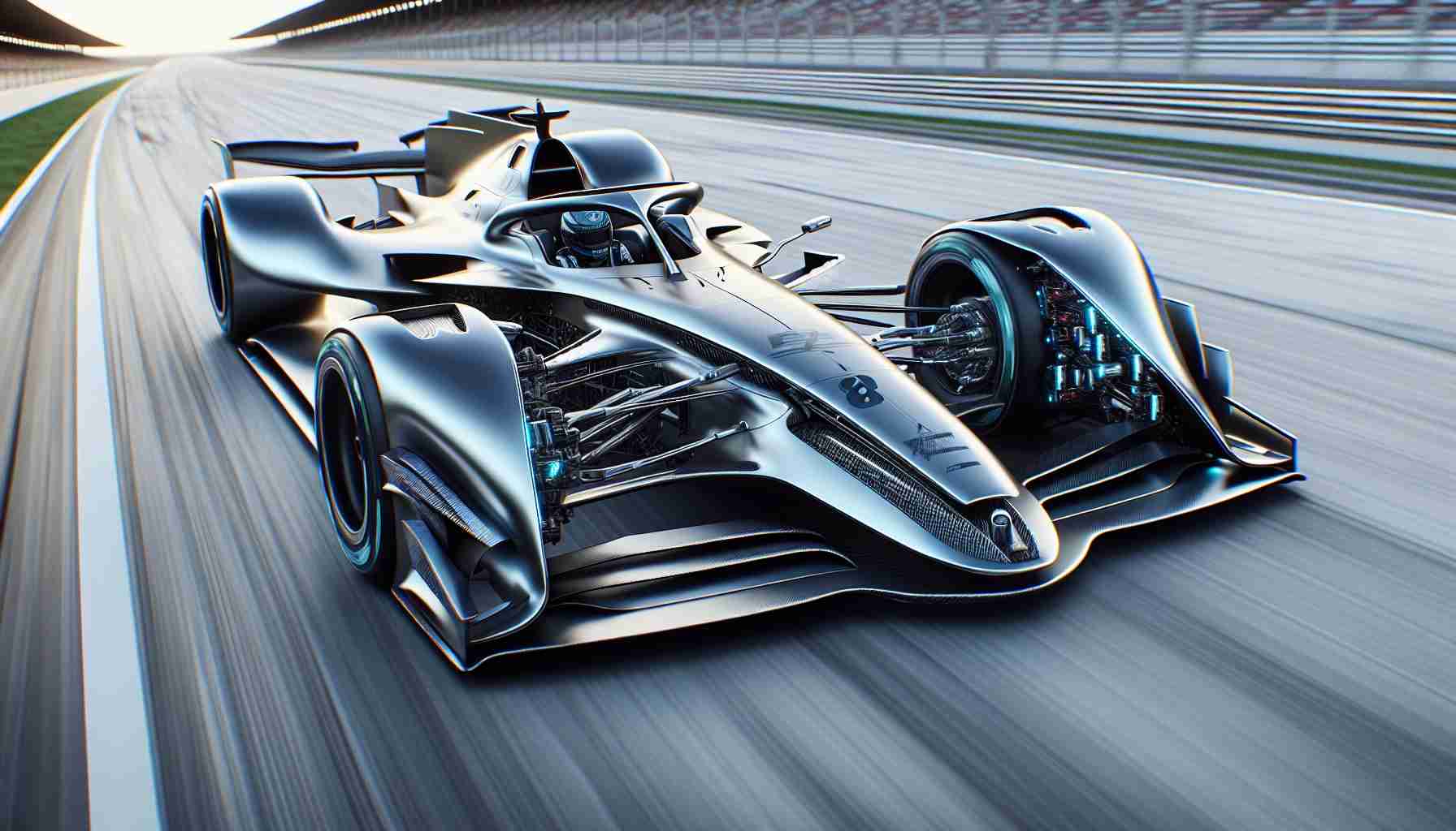 Realistic high-definition image of a state-of-the-art racecar, inspired by the cutting-edge technology and innovative design approach associated with top-level motorsports in the year 2026. The vehicle exhibits an aerodynamic shape, sleek contours, and exquisite detailing, and is captured in motion on the racetrack, exuding the thrill and intensity of high-speed motor racing.