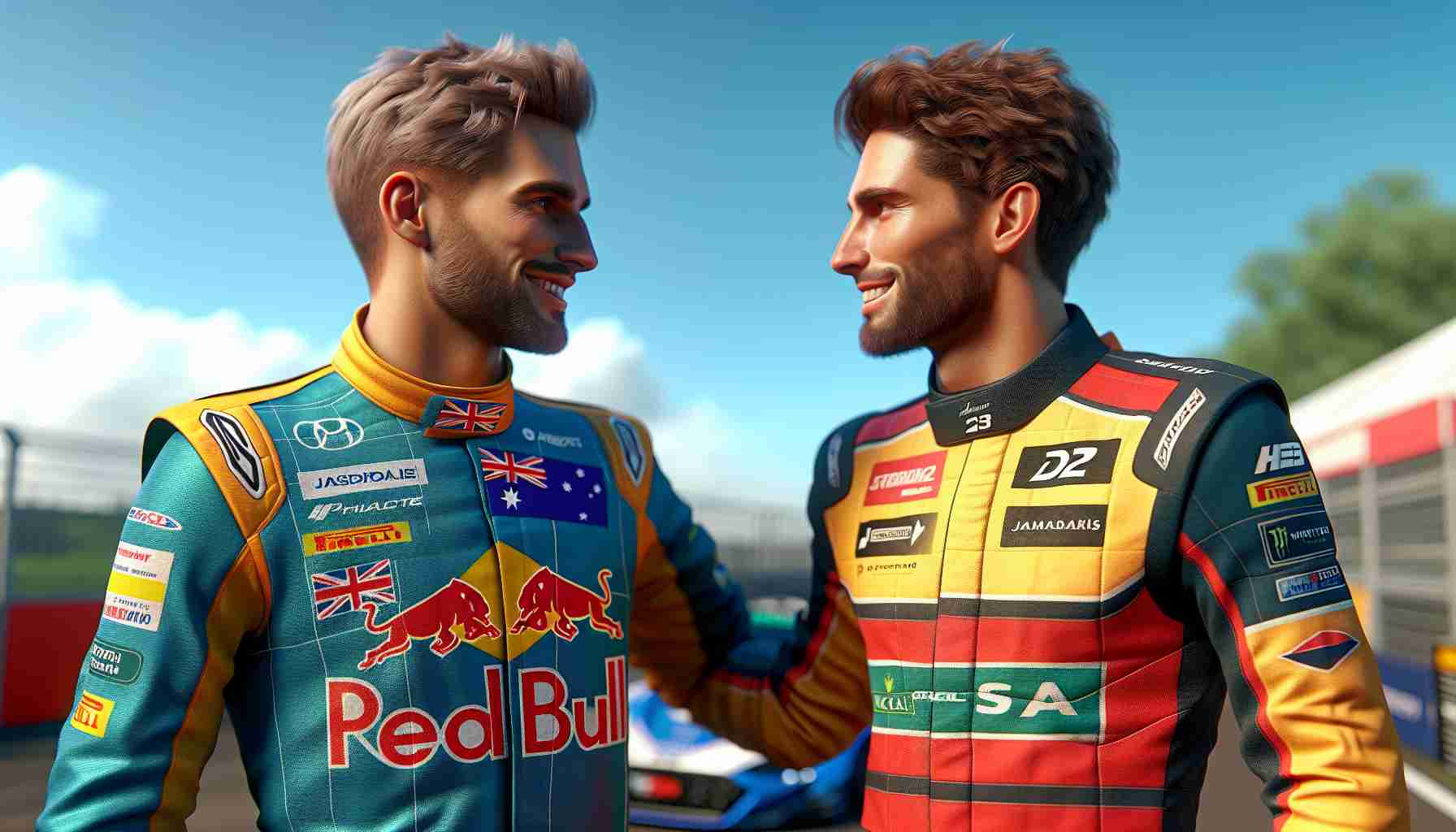 A high-definition realistic image of two male professional race car drivers, one Australian and the other British, sharing an unforgettable encounter in the paddock area. They're both wearing their respective sports attire, showcasing vibrant colors and sponsors logos, displaying a sense of friendly competitiveness and camaraderie.