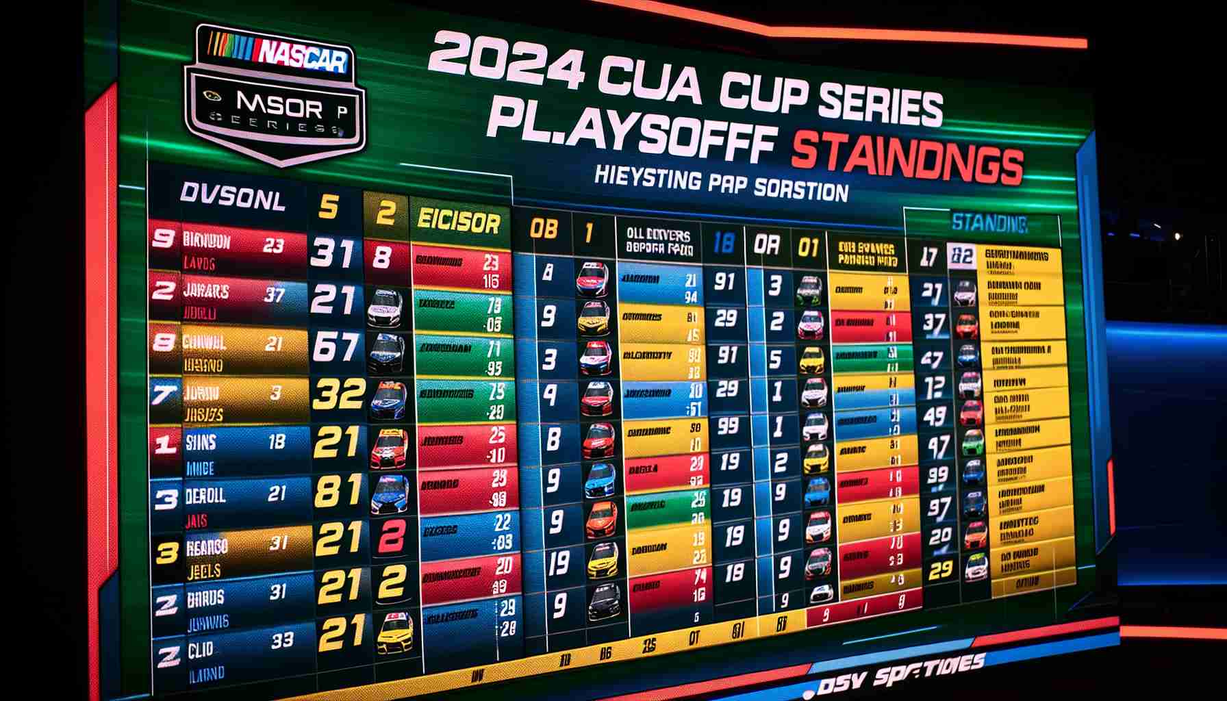 A high definition image showcasing the thrilling progression of the 2024 NASCAR Cup Series Playoff Standings. The board is vibrant with colors indicating the status of different drivers. Display names of drivers and their respective positions, placed on a well-lit background. Capturing suspense and the competitive spirit of the event. Please note that the drivers depicted are fictional and do not represent real-life individuals.