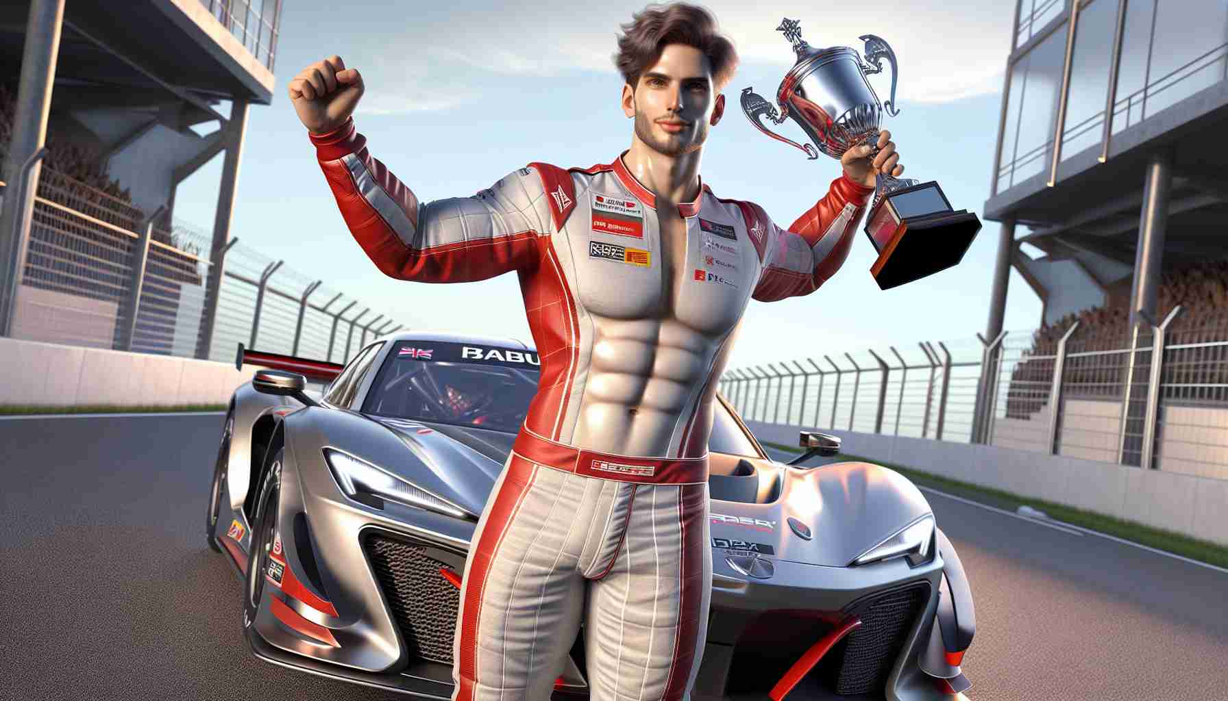 Realistic high-definition image of a car racer with short brown hair, striking physiques, and is wearing a red and white racing suit. He is seen standing victoriously, under the Baku sun, clutching a trophy in one hand and waving to his fans. A shiny metallic racing car, symbolizing his triumph, is parked behind him.