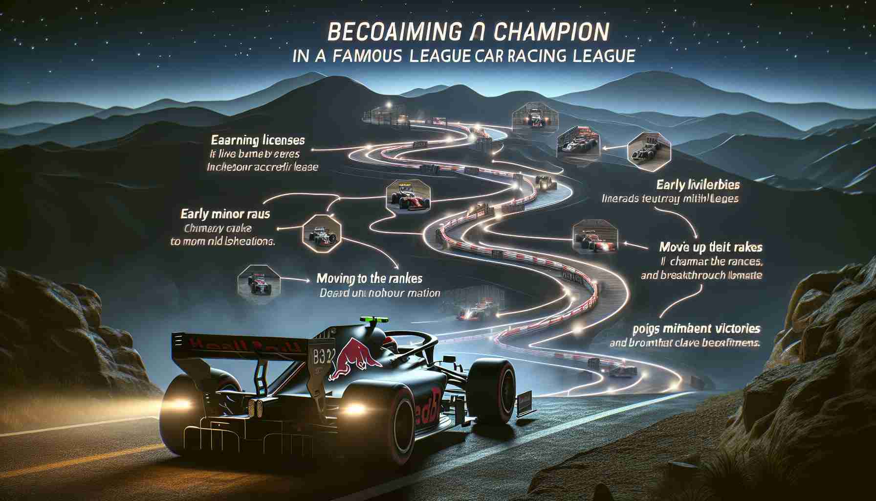 A high-definition, realistic image of a professional race car driver's journey to becoming a champion in a famous car racing league. Illustrated as a metaphorical path, highlight key milestones like earning licenses, early minor league races, moving up the ranks, significant victories and breakthrough moments. The image should not reveal the identity of the driver but rather focuses on the path to glory itself.