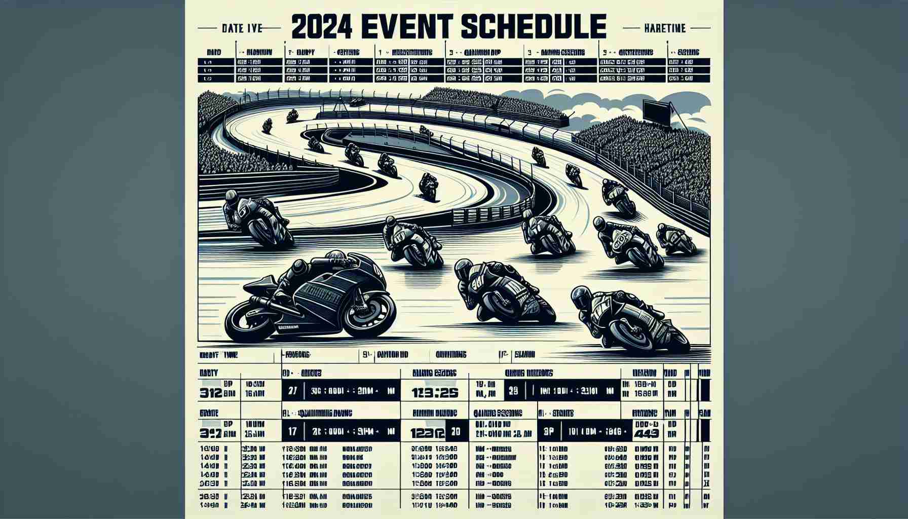 Realistic HD image illustrating a hypothetical event schedule for a 2024 MotoGP Grand Prix. The schedule should clearly denote the date, time and sequence of events, including practice sessions, qualifying rounds, and the main race. The style should resemble that of a professional sports event schedule, with bold headings, modern typography, and perhaps some illustrative elements related to motorbike racing such as track outlines or stylized drawings of motorcycles.