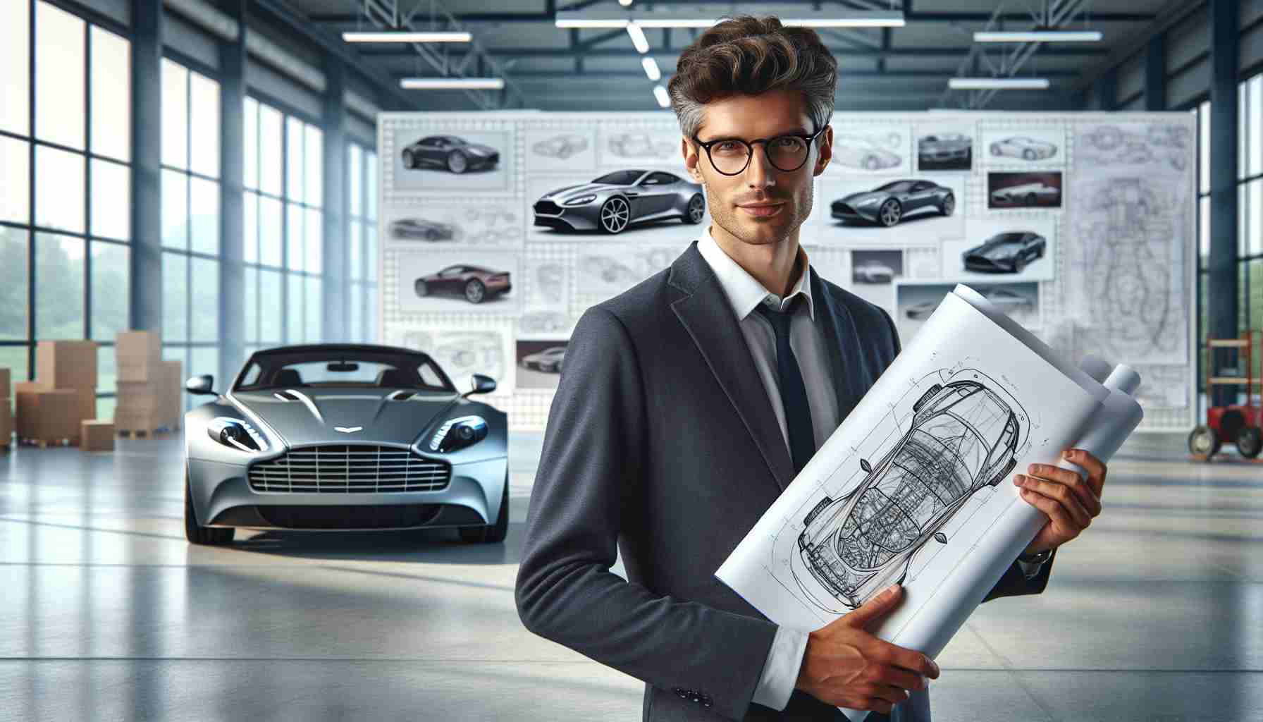 A realistic, high-definition image of a well-known car engineer set to bring revolutionary changes to a luxury British car brand, Aston Martin. This individual is described as having short, neat hair and wearing glasses. He should be depicted holding blueprints of a new car model, symbolizing innovation and change, standing in a modern automotive design studio. In the background, sketches and car designs should fill the walls, demonstrating a bustling and dynamic workspace for car creation.