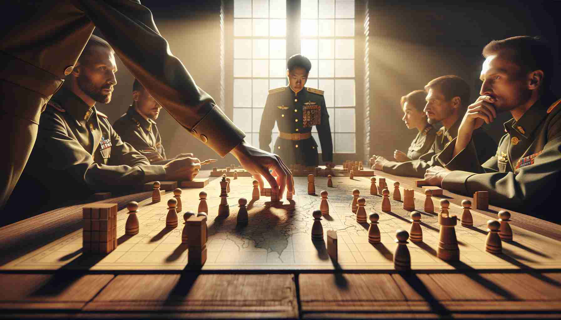 High definition image with realistic aesthetics, showcasing the scene of strategic maneuvers. A sunlit room with a large wooden table, showing a map spread out, where various wooden pieces representing different factions are strategically placed. A group of people are visibly concentrating, engaging in an intense discussion over their next move. In the foreground, a hand of a Caucasian male is moving a wooden piece, affecting the balance of power. In the background, an Asian woman, wearing a military uniform, looks on thoughtfully, planning her countermove. The image should have depth, mimicking the complexity of strategic maneuvers.