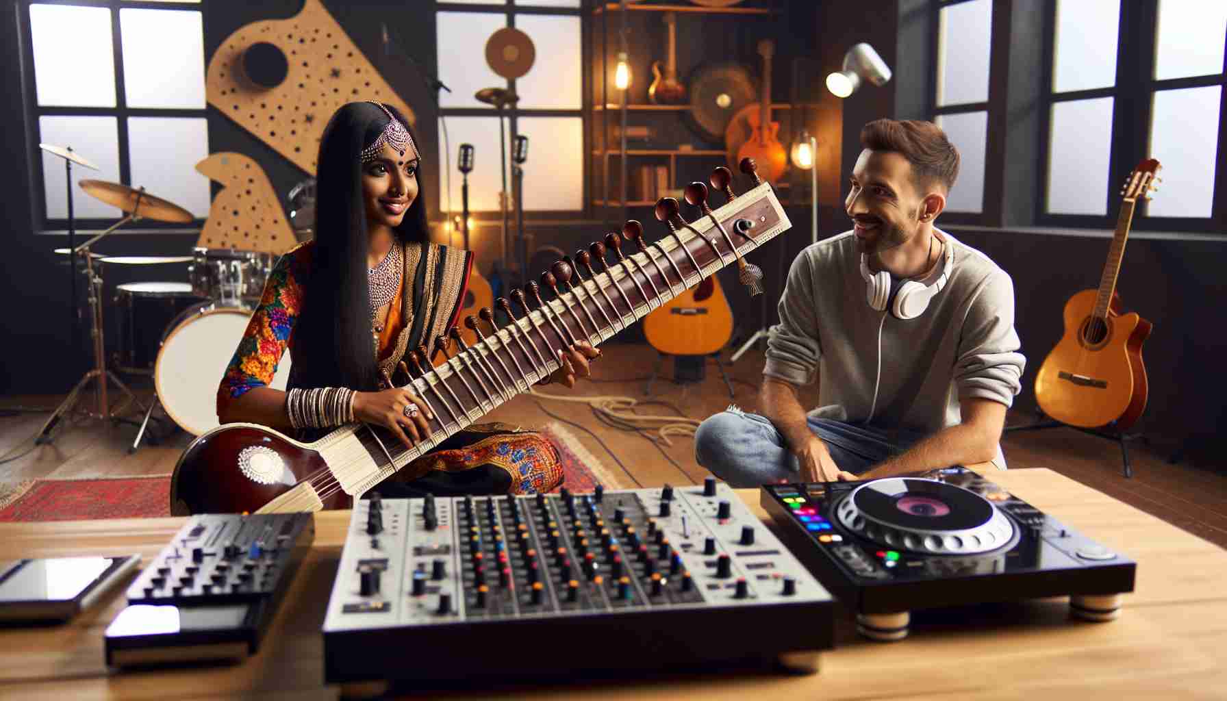 Create a realistic, high-definition image that signifies an unexpected collaboration in the music industry. Show a female South Asian musician with her traditional Sitar sitting next to a Caucasian DJ with his turntables. They are in a modern music studio, preparing to create a fusion song. Excitement and creative energy fill the space. Both musicians can be seen sharing their music knowledge with each other and ready to create a unique piece together. The studio is filled with various musical instruments, including drums, guitars, keyboards, and the DJ's electronic mixing desk.