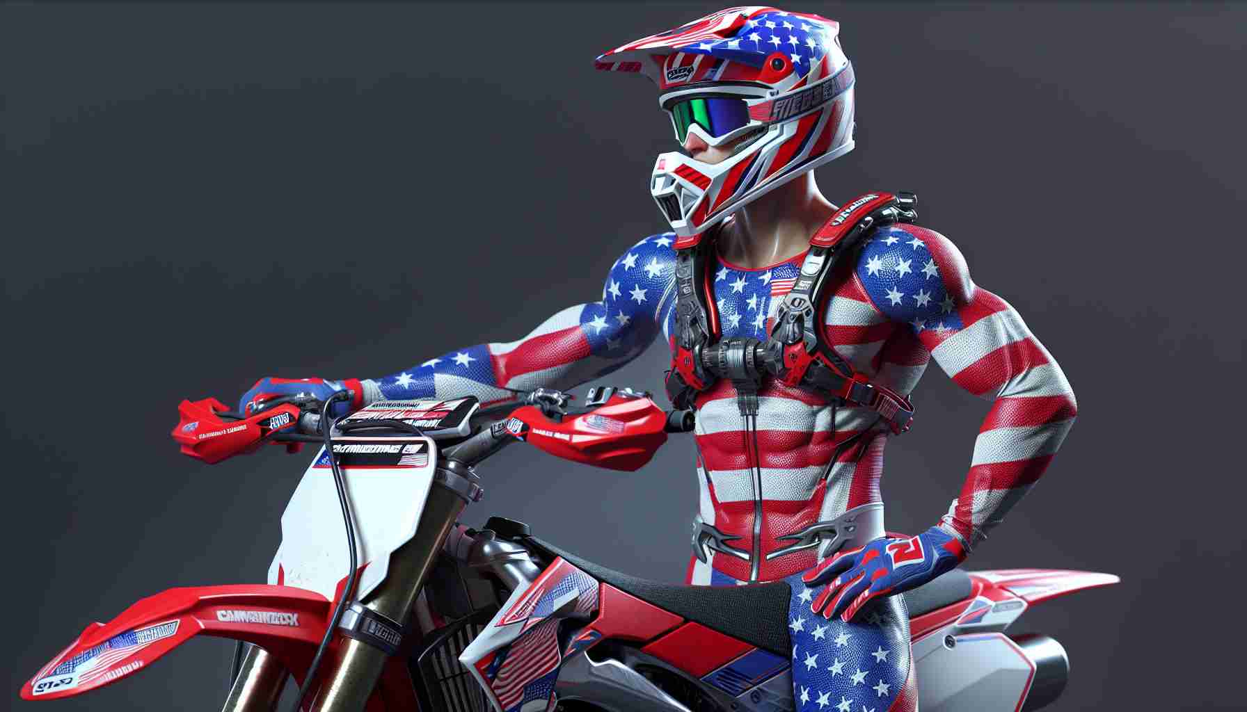 High-definition real-like image of a male motocross racer with similar physique to a well-known motocross athlete, outfitted in red, white, and blue racing gear. He is preparing to compete for a Unnamed country with the same colors in a 2024 off-road motorcycle race. The helmet design should incorporate stars and stripes, and the motorcycle should be a modern dirt bike, fully equipped for a rough, muddy terrain.