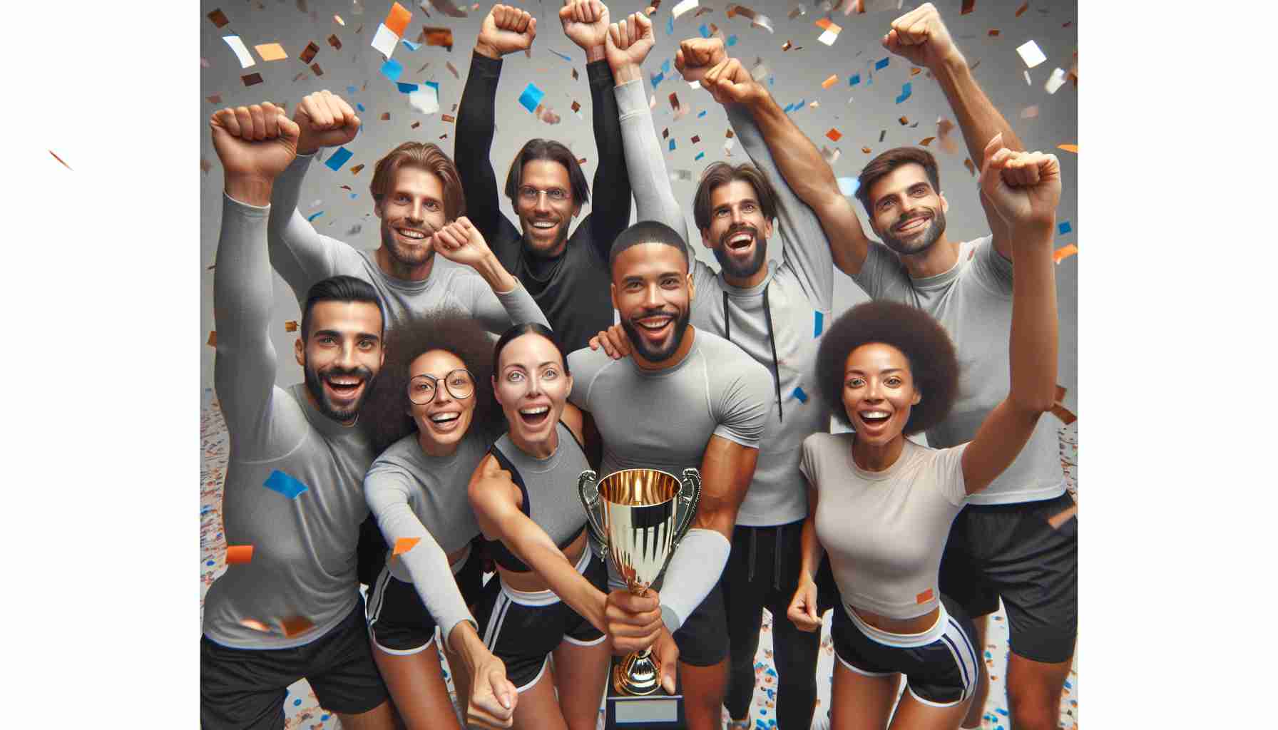 High-definition portrait of a diverse team of six people celebrating their unwavering team spirit. The team consists of three men and three women, with an even distribution of people from different descents such as Caucasian, Hispanic, black, Middle-Eastern, and South Asian. All are dressed in matching athletic outfits, their faces radiating joy and camaraderie. They are in a confetti-strewn setting, holding a trophy up high, reflecting their shared victory. The scene captures the essence of mutual respect, unity, and jubilation that characterizes strong team spirit.