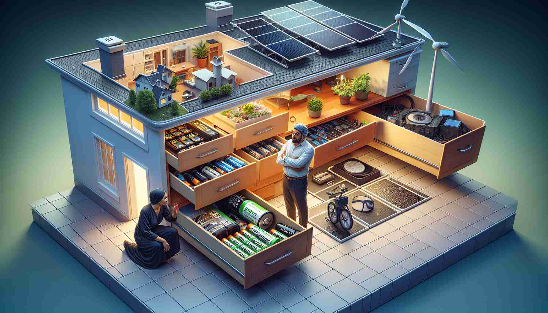 Create a ultra-high definition, realistic image showcasing a variety of hidden power sources in a home. It can feature items like rechargeable batteries tucked in drawers, a solar panel embedded sneakily on the roof, piezoelectric tiles arrayed beneath the floor creating electricity from footsteps, and even a mini wind turbine cleverly concealed in the backyard. The scene should emphasize how these normally overlooked items can actually serve as excellent alternative energy sources. A couple of homeowners, a Middle-Eastern man and an Asian woman, can be shown inspecting these power sources with intrigue.